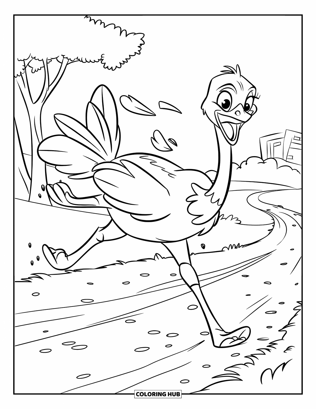 Ostrich Coloring Page for Kids: Running ostrich squawks with feathers floating on a pebbly path