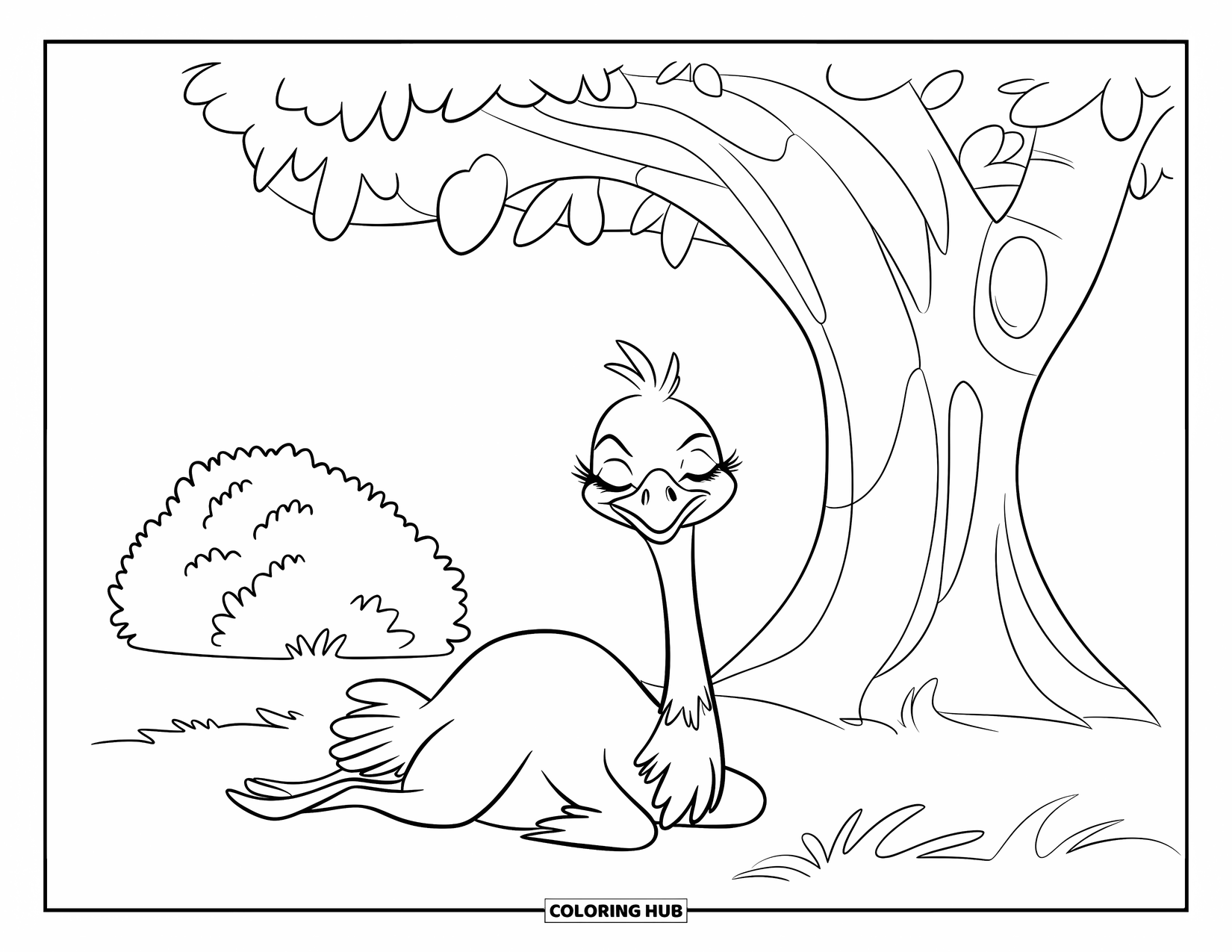 Ostrich Coloring Page for Kids: Sleepy ostrich rests under a big tree beside a small bush