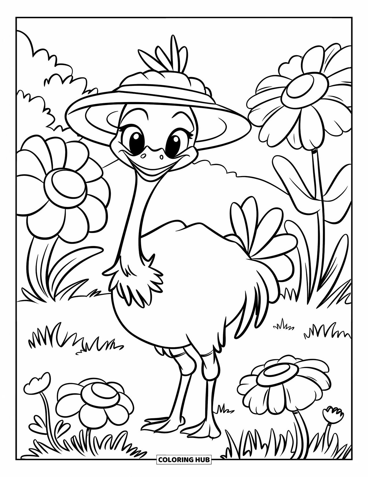 Ostrich Coloring Page for Kids: Smiling ostrich in a straw hat stands among large blooming flowers