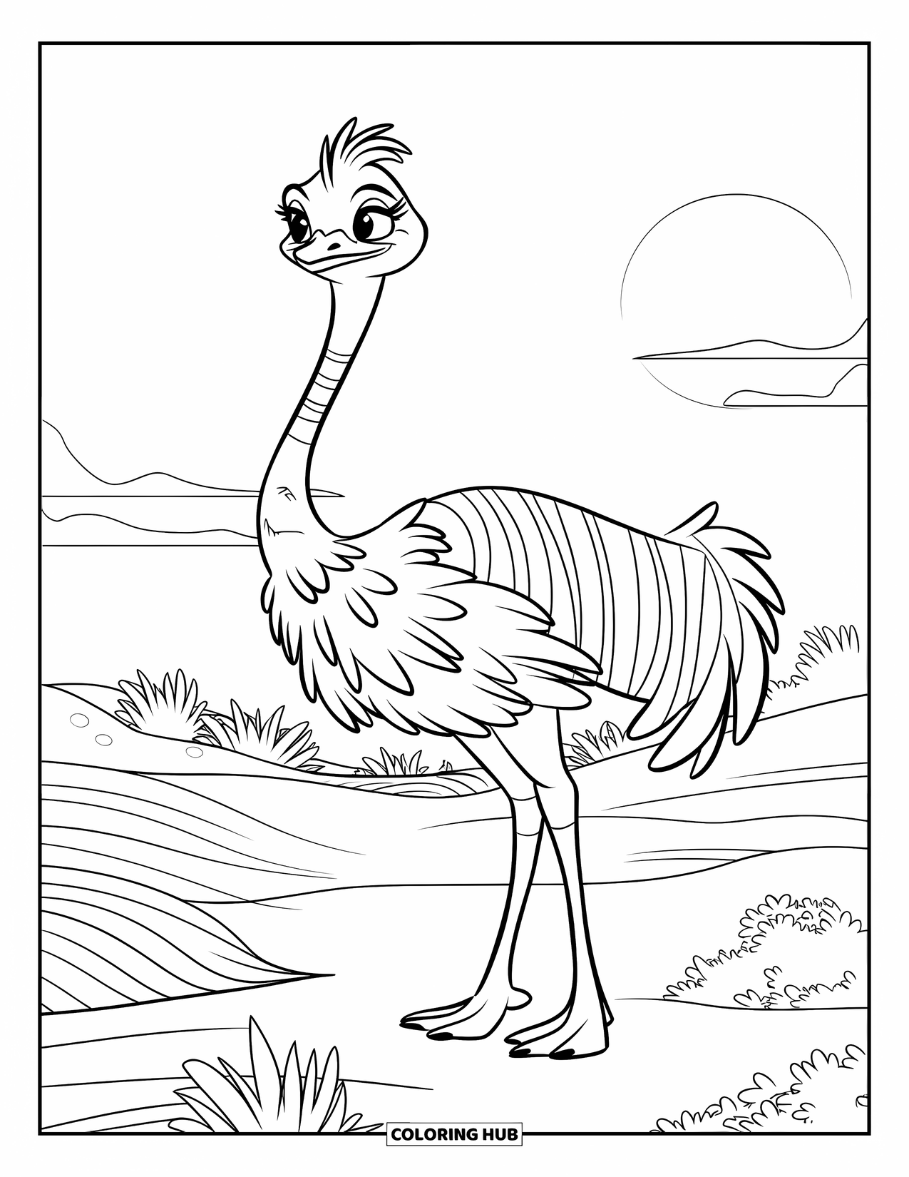 Ostrich Coloring Page for Kids: Striped ostrich stares into the sunset from a warm desert landscape
