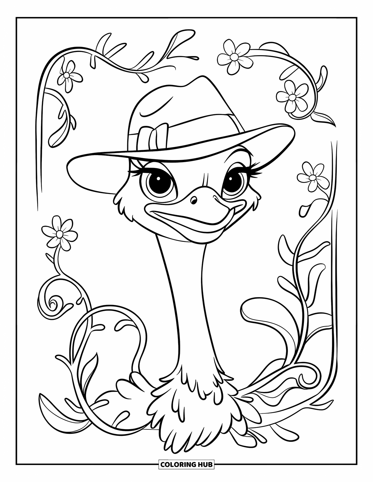 Ostrich Coloring Page for Kids: Stylish ostrich in a fedora is framed by curling vines and flowers