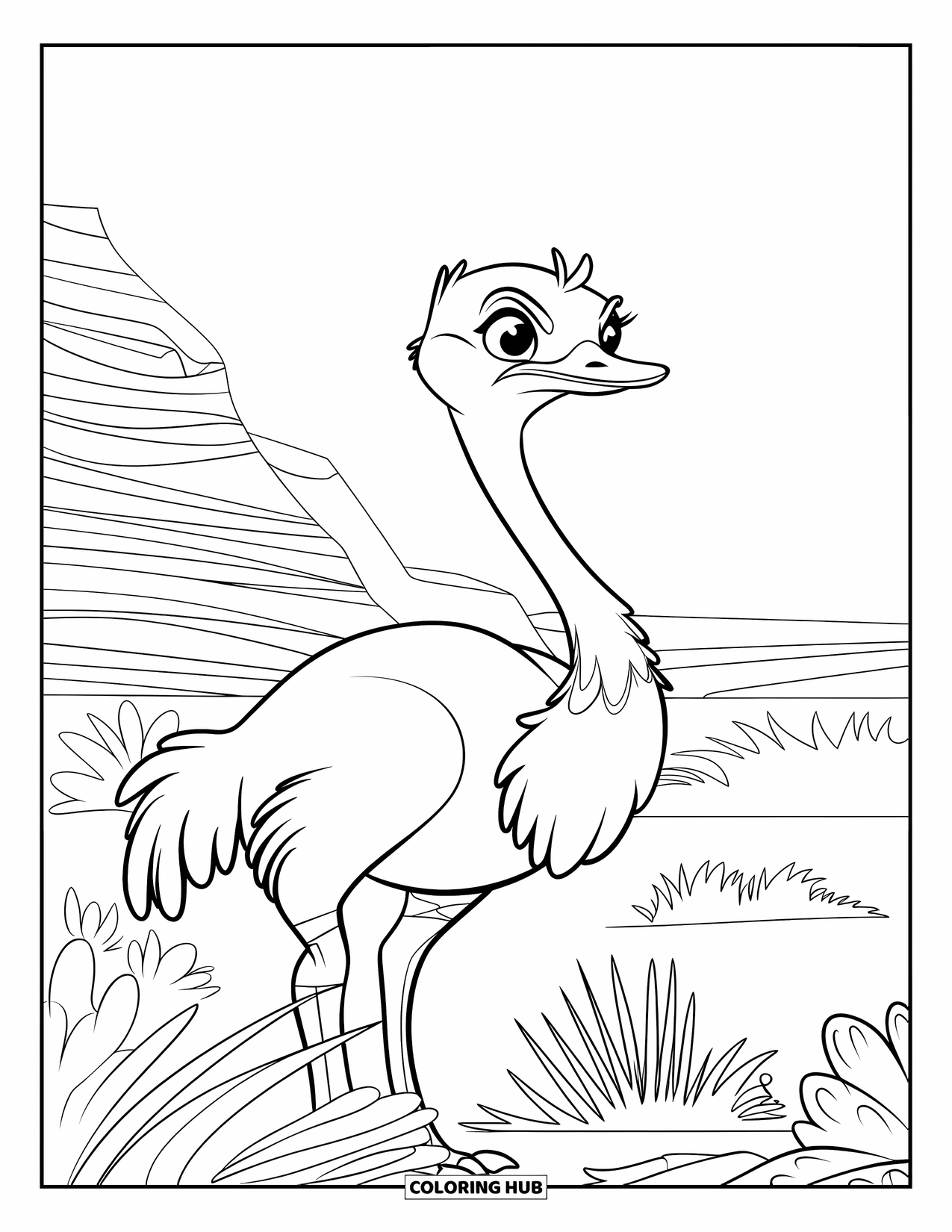 Ostrich Coloring Page for Kids: Tall ostrich gazes into the desert, surrounded by dry shrubs and grass
