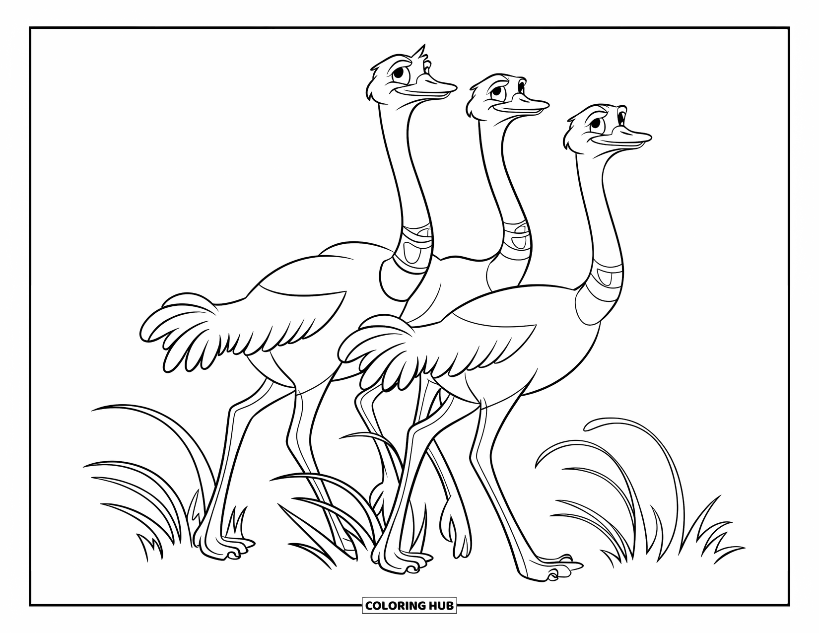 Ostrich Coloring Page for Kids: Two ostriches walk in sync as swirling grass dances around their feet
