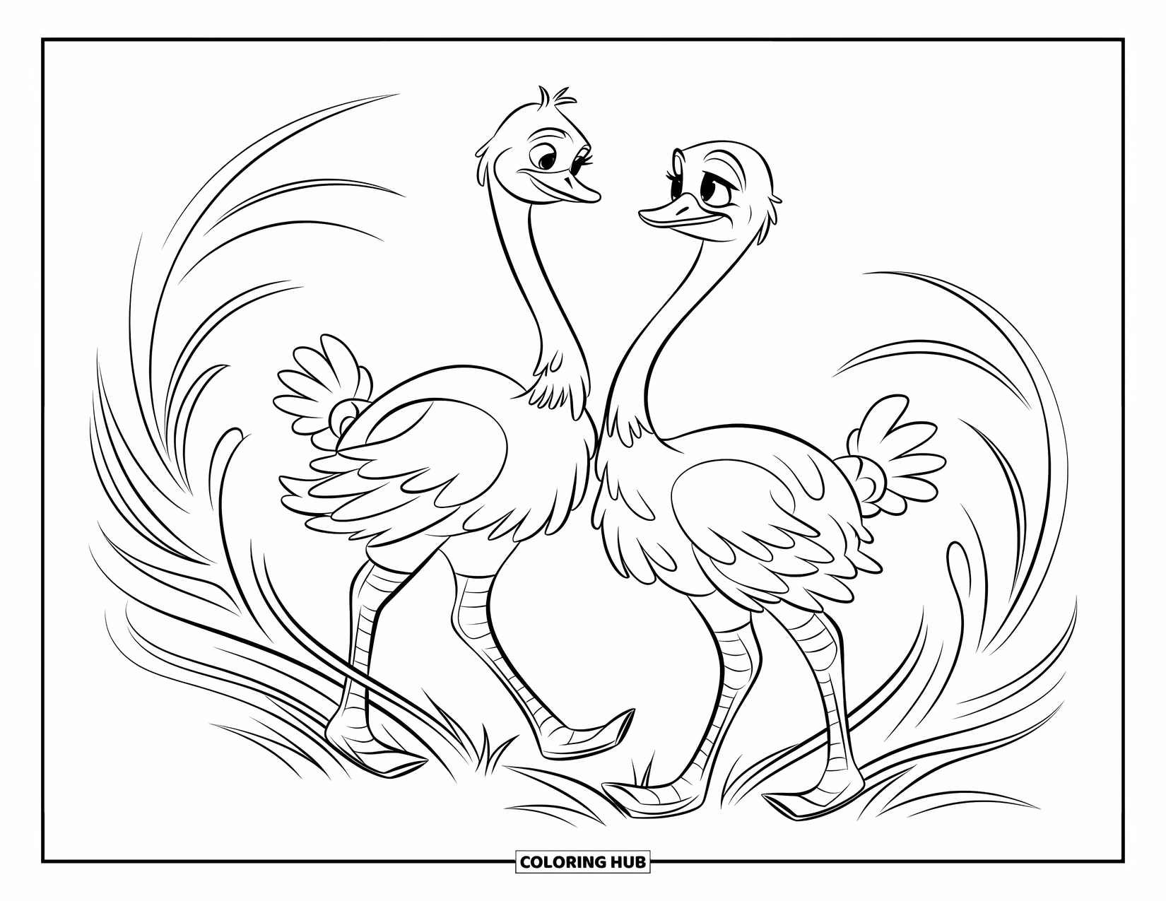 Ostrich Coloring Page for Kids: Two ostriches walk side-by-side with swirly grass circling their feet
