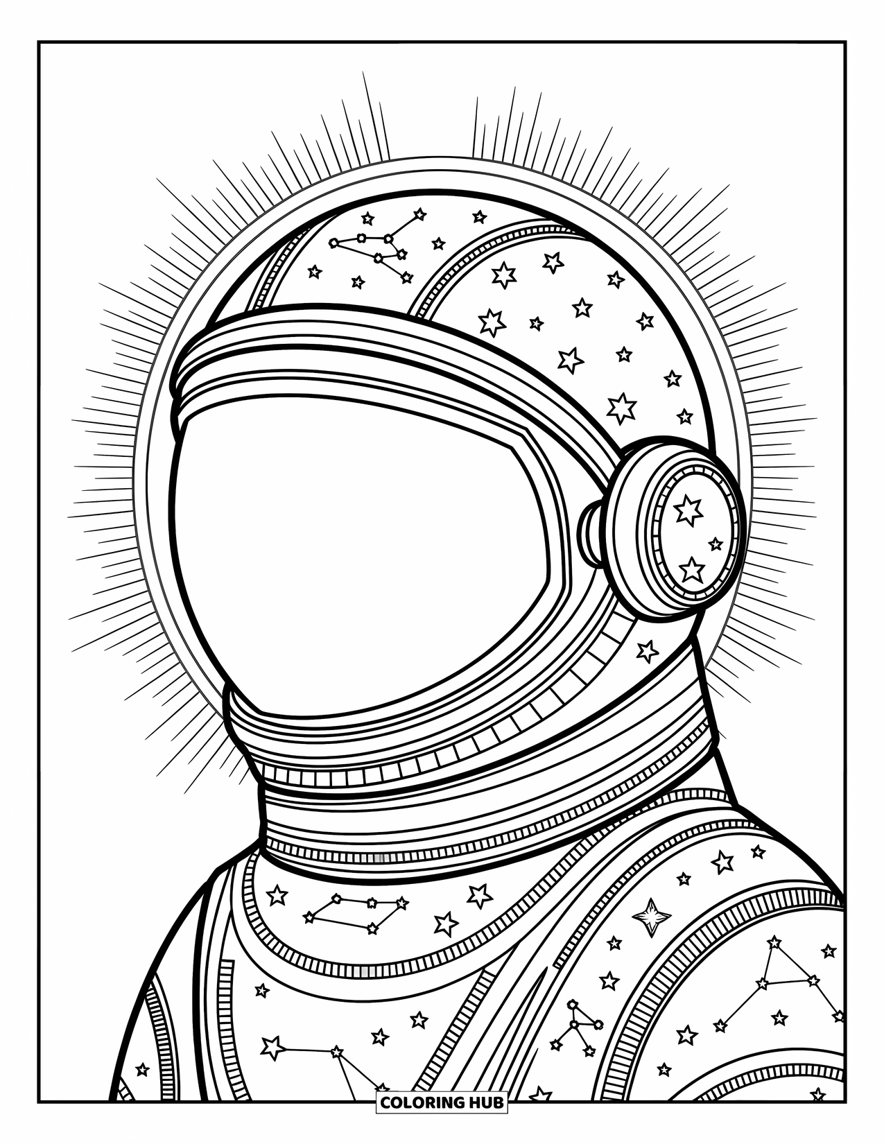 Outer Space Coloring Page for Adults: A cosmic astronaut helmet surrounded by detailed swirling patterns and celestial symbols