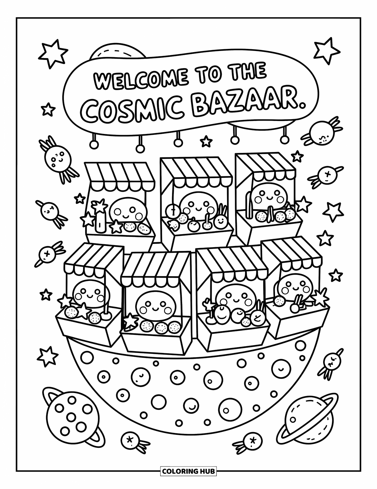 Outer Space Coloring Page for Adults: A cosmic bazaar with meteor stalls and playful space creatures offering cute treats