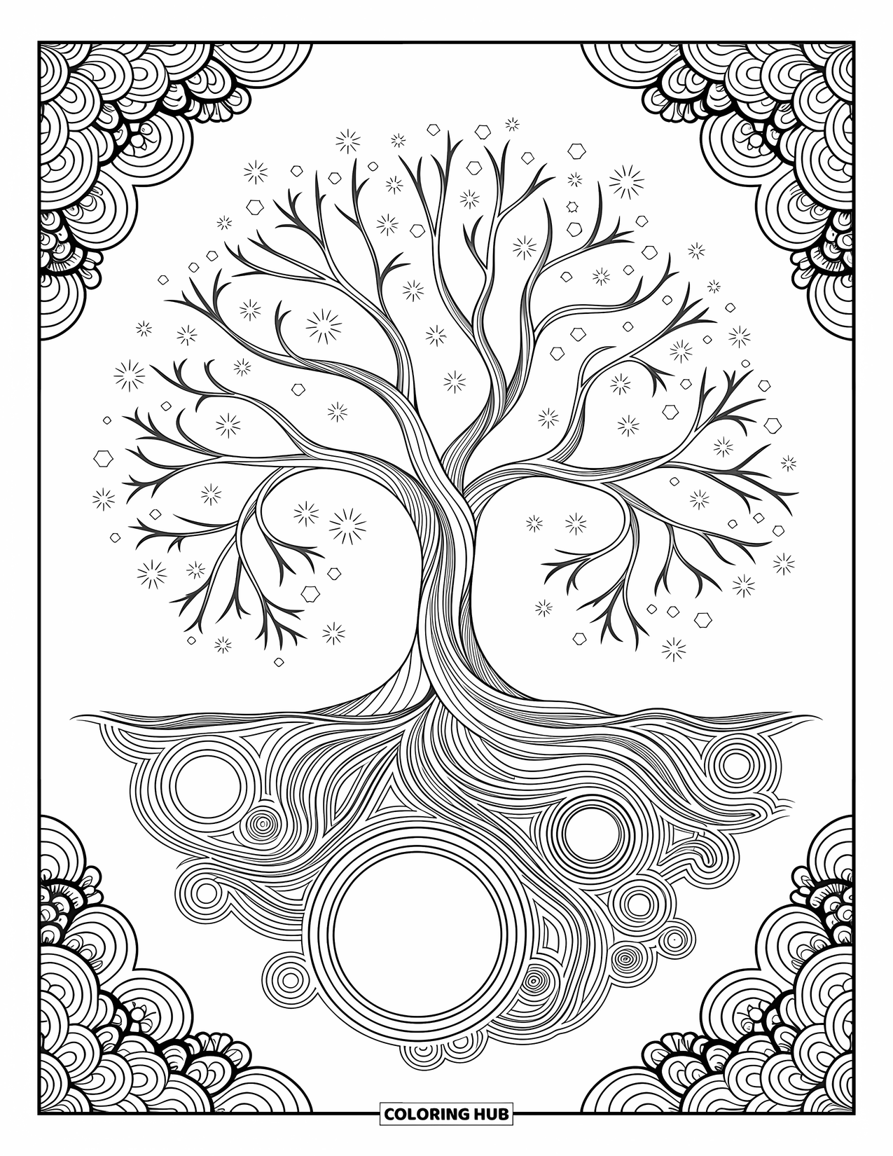 Outer Space Coloring Page for Adults: A cosmic tree with swirling roots touching planets and branches reaching for the stars