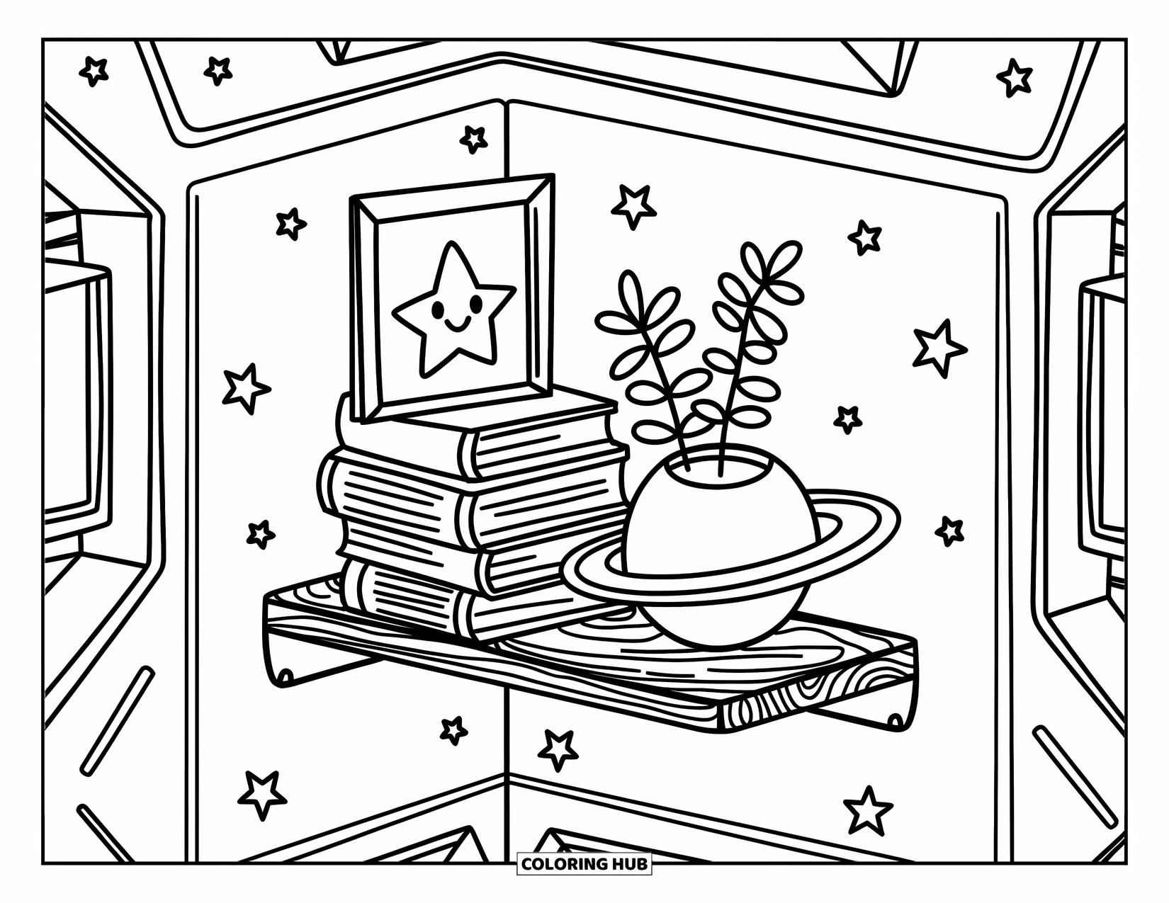 Outer Space Coloring Page for Adults: A cozy shelf on a space station with books, a sleepy plant, and a smiling star frame