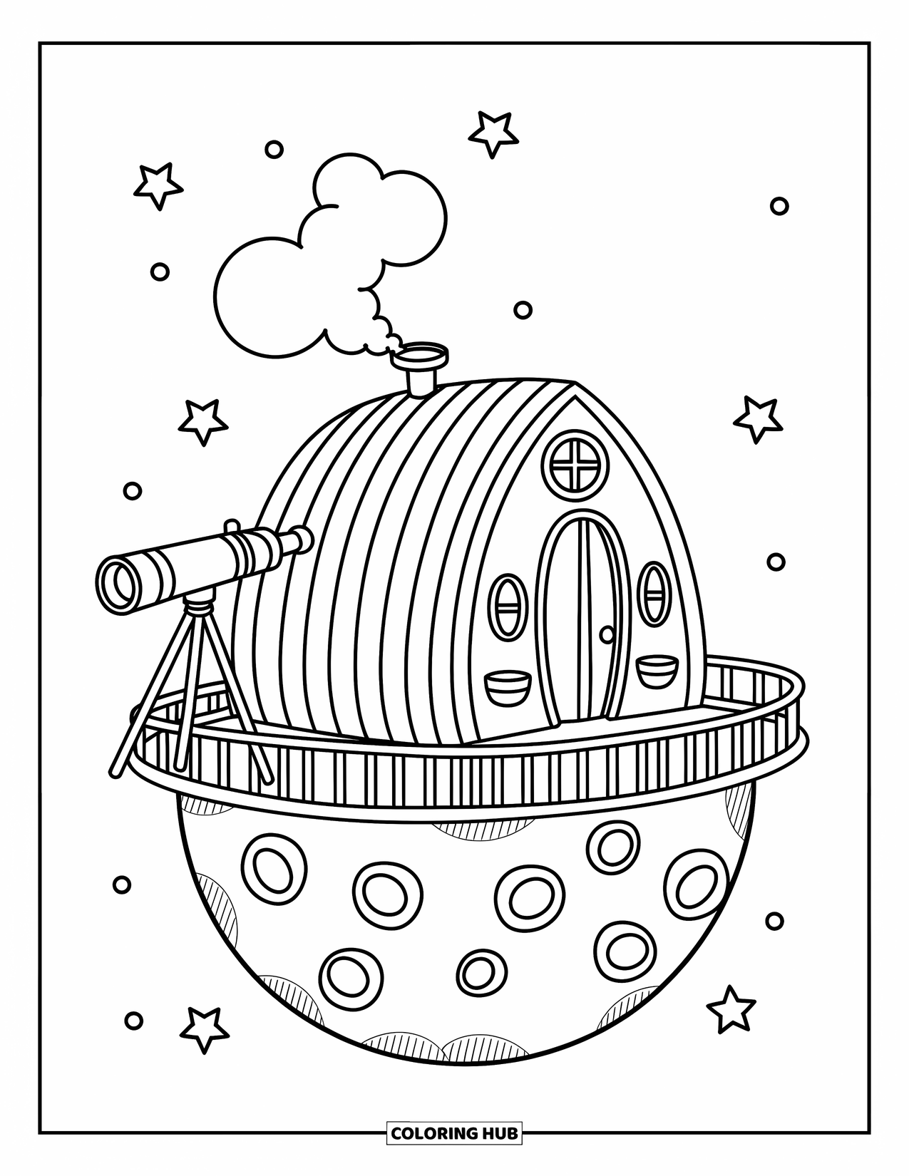Outer Space Coloring Page for Adults: A cozy space cabin with a telescope and bunny moon lamp on a floating asteroid