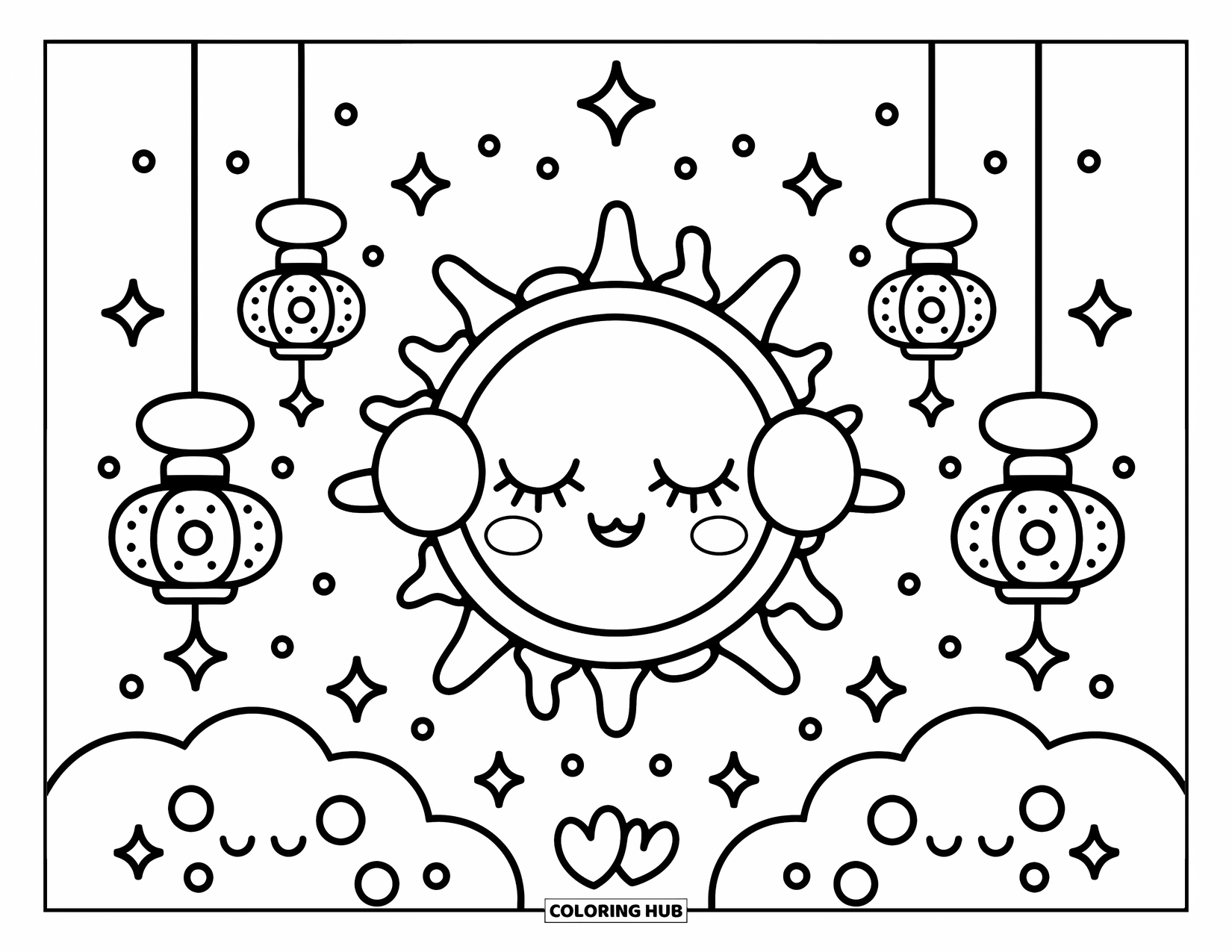 Outer Space Coloring Page for Adults: A cozy sun with sleepy eyes and earmuffs rests among fluffy clouds with galaxy lanterns