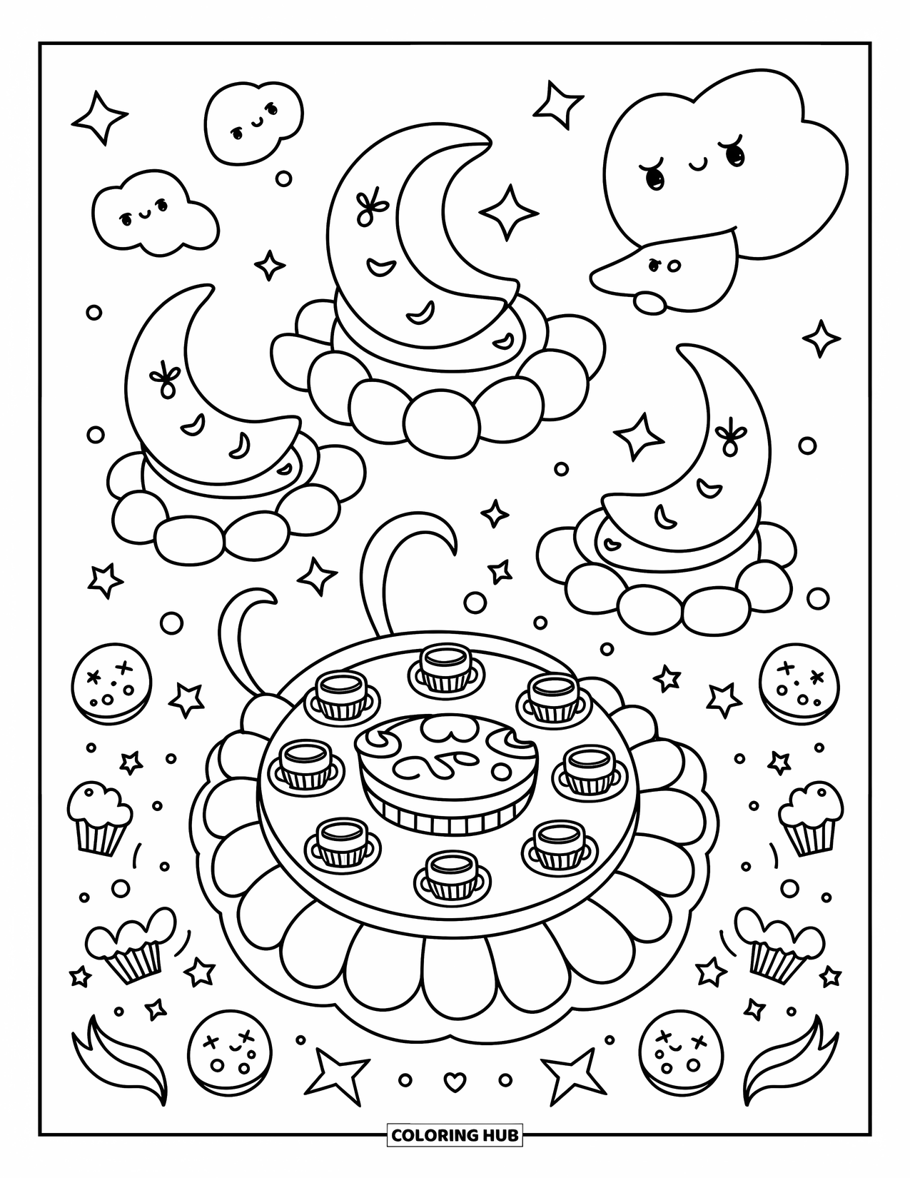 Outer Space Coloring Page for Adults: A cozy tea party on a cheerful planet with smiling moons on cloud cushions