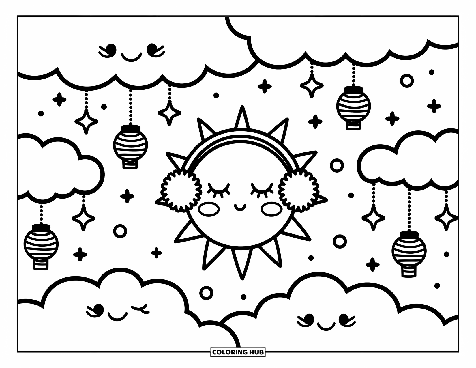 Outer Space Coloring Page for Adults: A dreamy sun with sleepy eyes and earmuffs is surrounded by clouds and galaxy lanterns