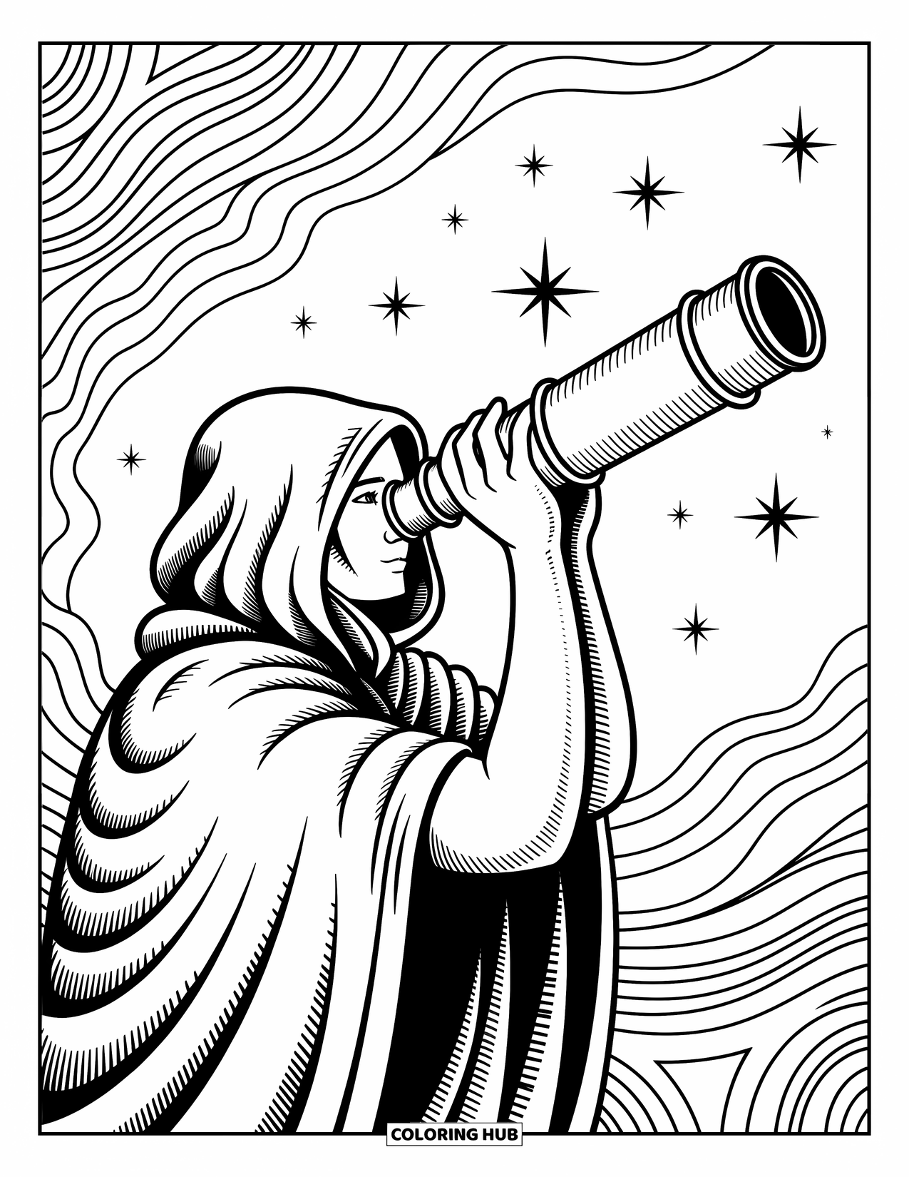 Outer Space Coloring Page for Adults: A figure wrapped in flowing patterns peers through a telescope at a vast starry sky