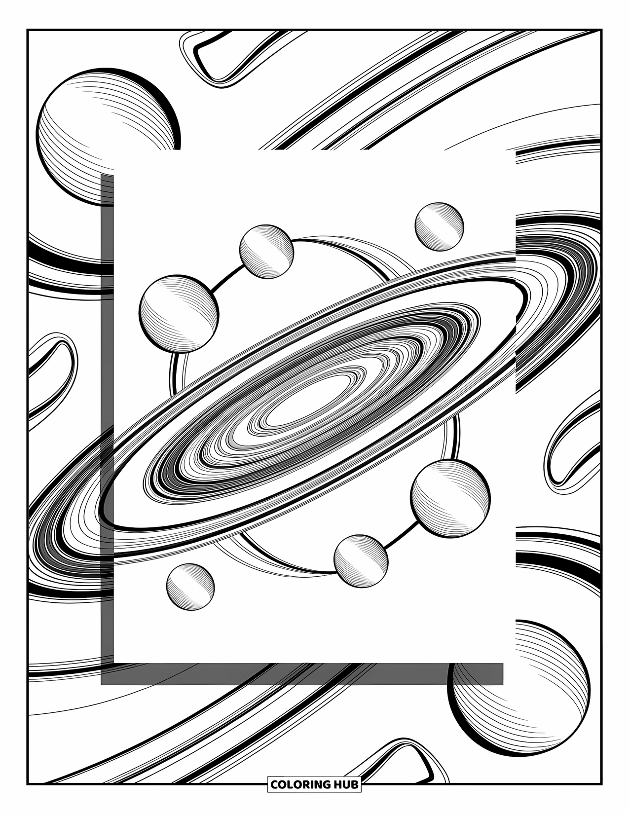 Outer Space Coloring Page for Adults: A galaxy spiral with orbiting patterns and delicate abstract shapes creating a cosmic scene