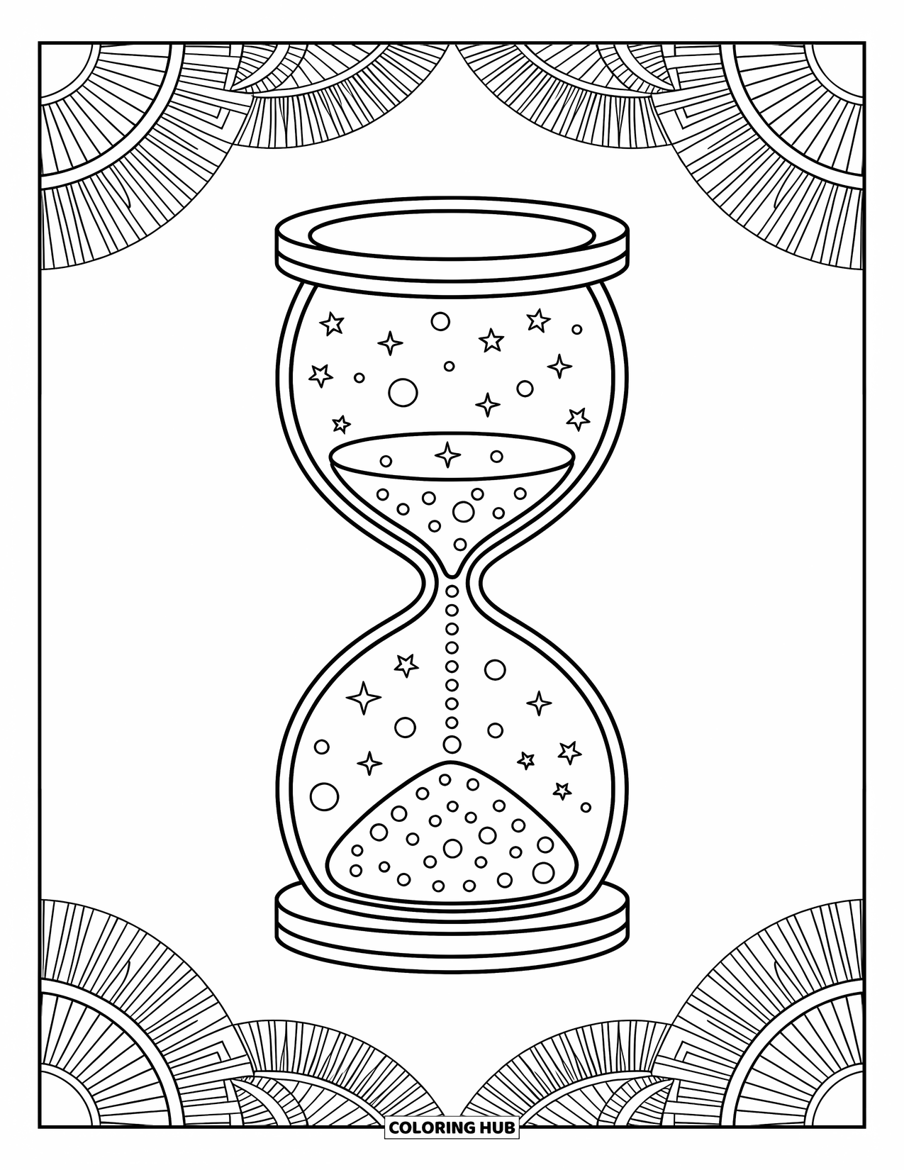Outer Space Coloring Page for Adults: A large hourglass filled with drifting stars, tiny planets, and orbit lines