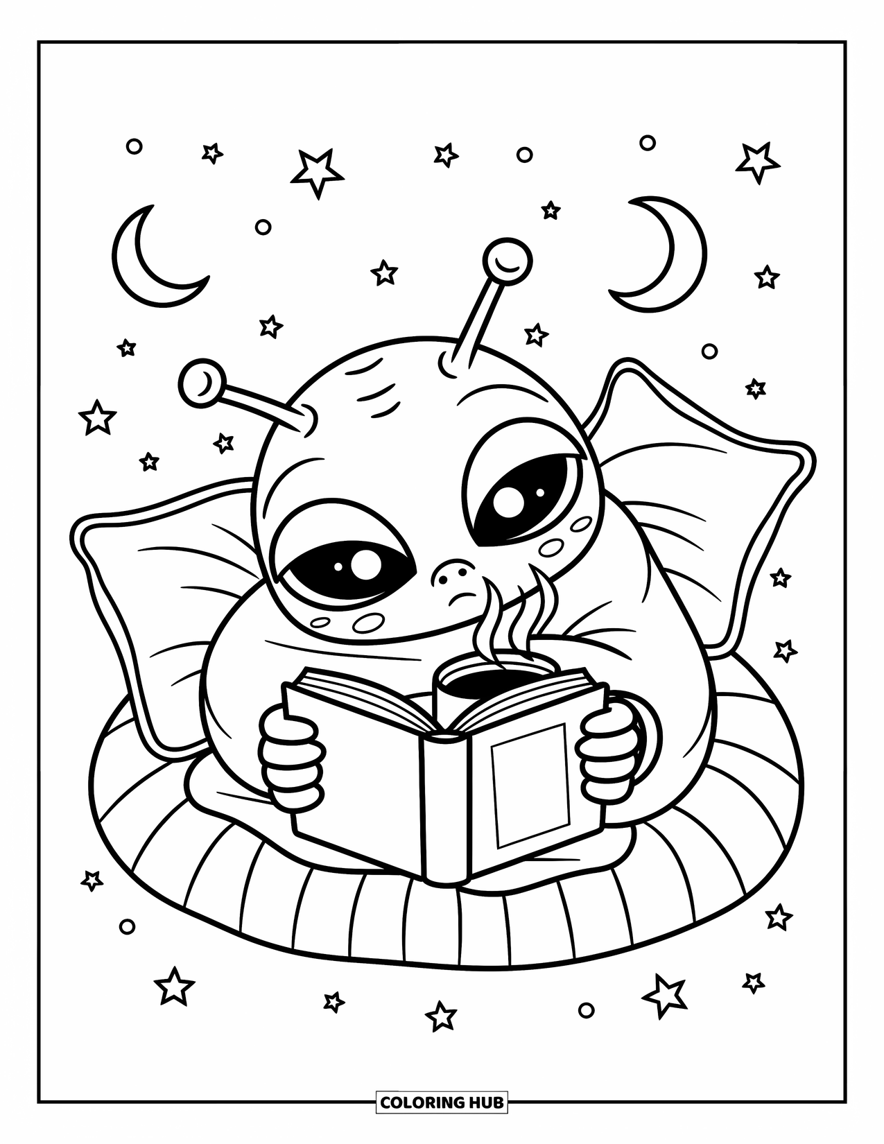 Outer Space Coloring Page for Adults: A relaxed alien with a book and mug snuggles under a cozy stardust-filled canopy