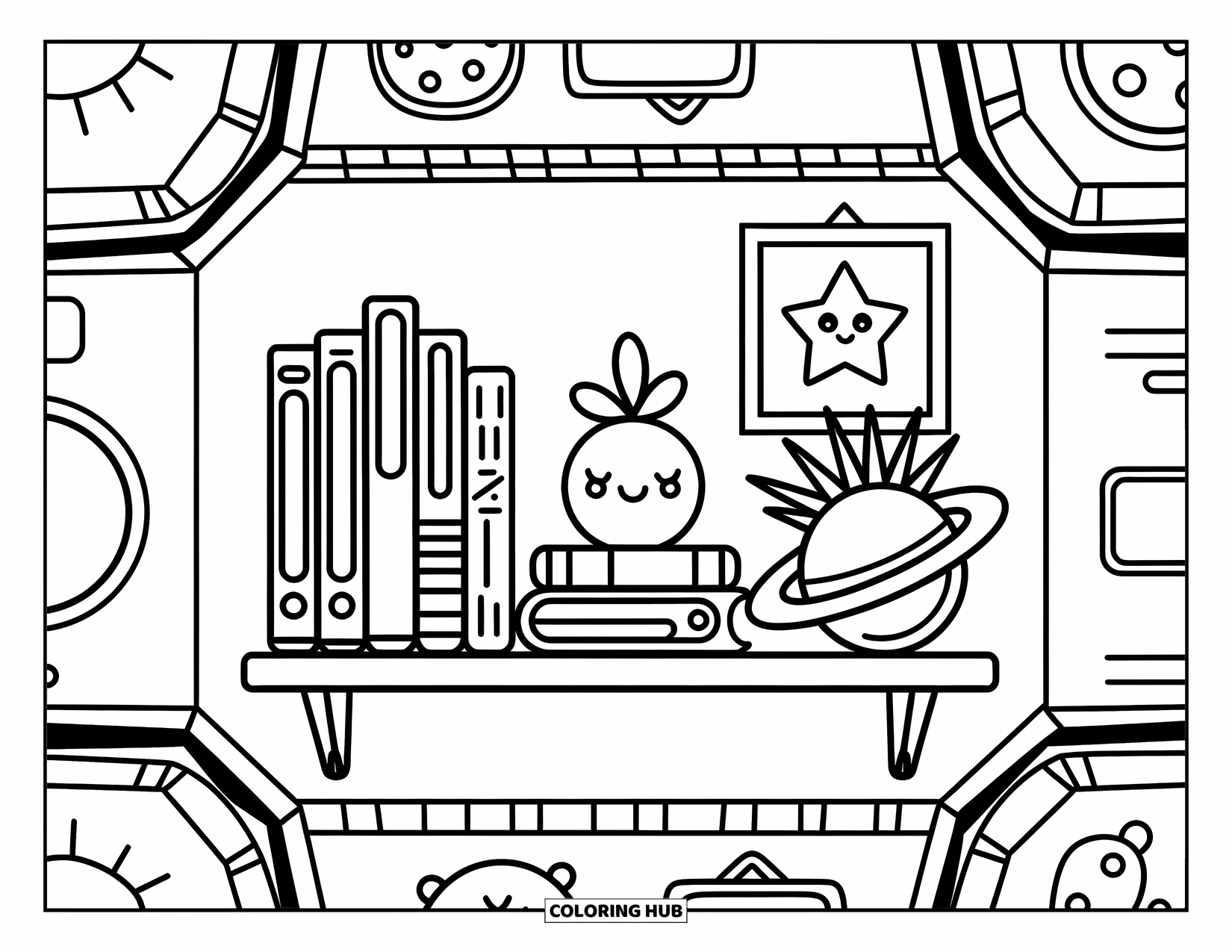 Outer Space Coloring Page for Adults: A tiny space shelf filled with books, a sleepy Saturn plant, and a happy star photo