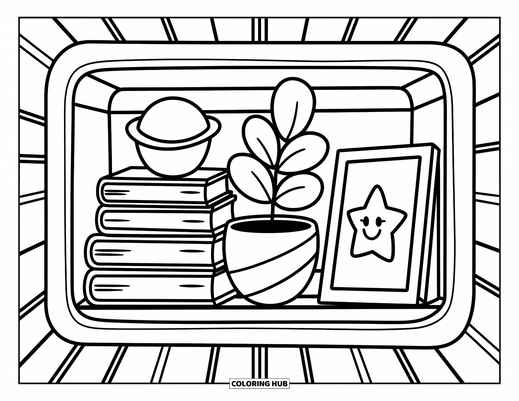 Outer Space Coloring Page for Adults: A tiny wooden shelf in a space station holds books, a sleepy plant, and a smiling star