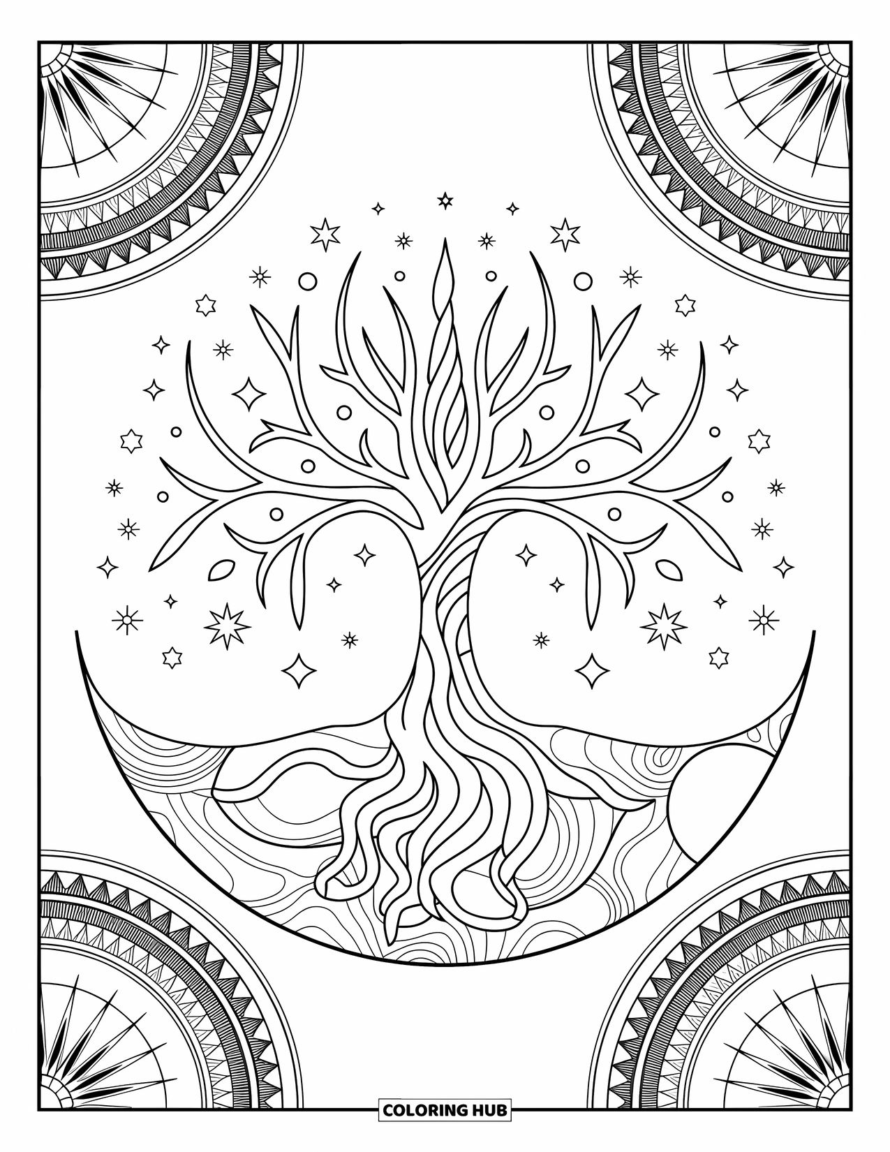 Outer Space Coloring Page for Adults: An elegant cosmic tree with planets below and stars above wrapped in swirling designs