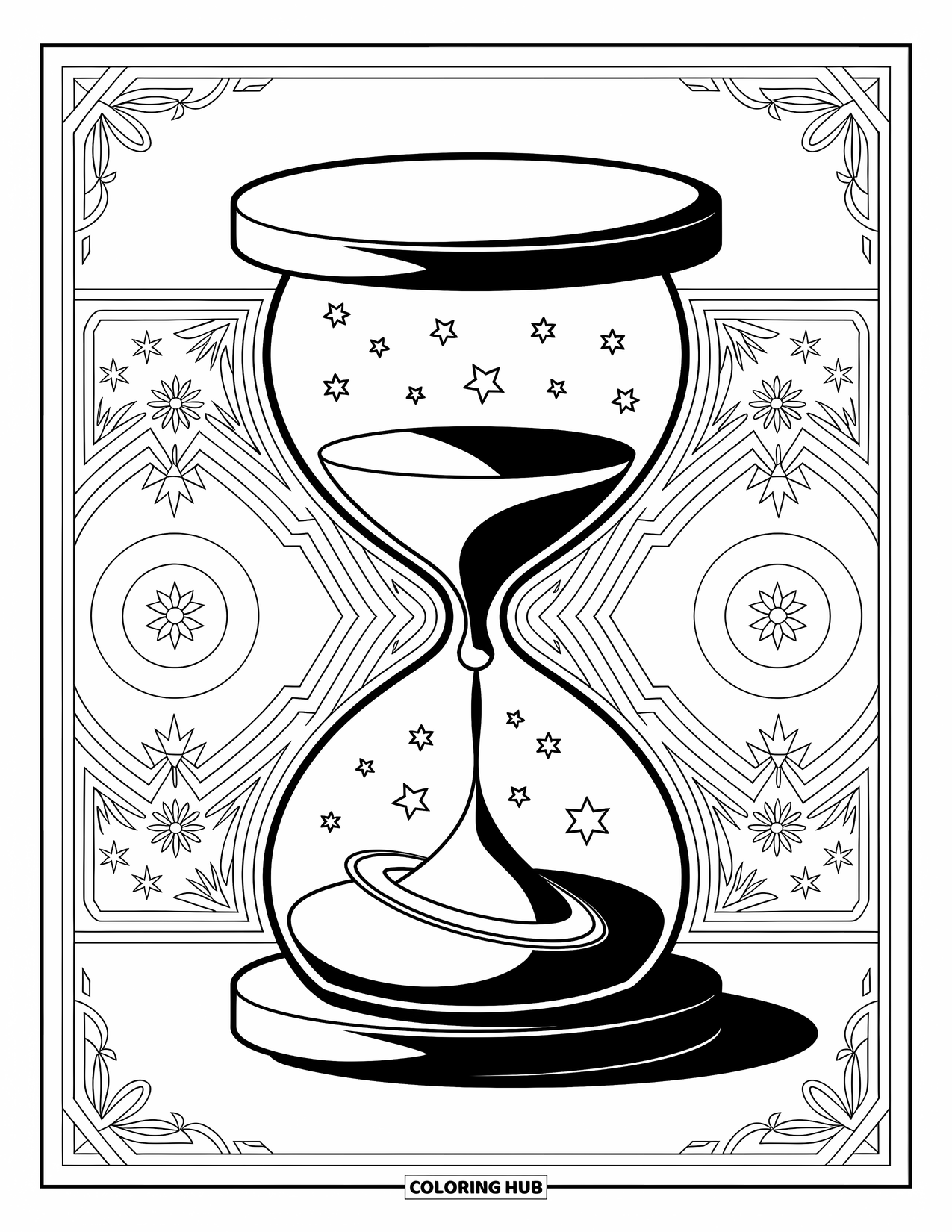 Outer Space Coloring Page for Adults: An hourglass with orbiting stars and planets framed by delicate celestial designs