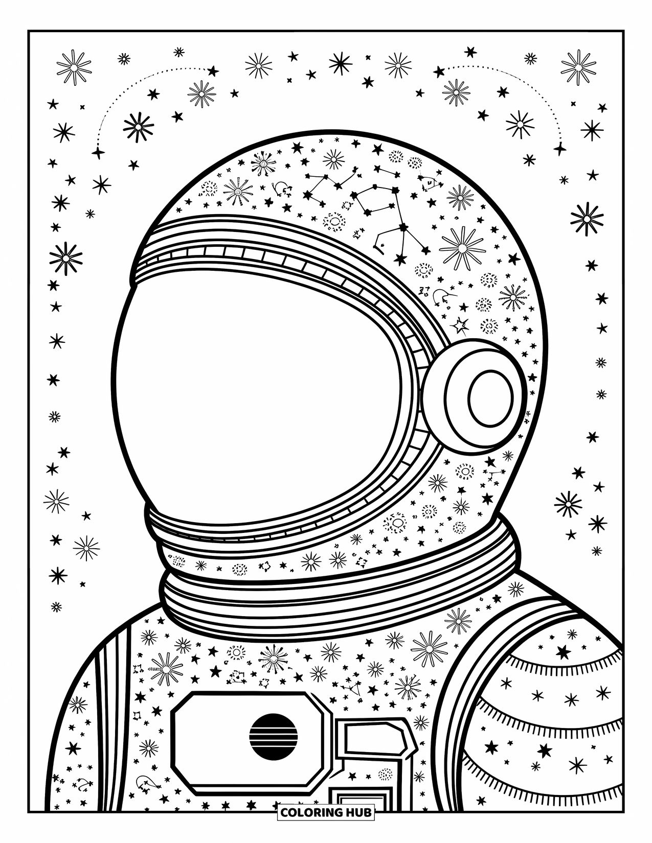 Outer Space Coloring Page for Adults: An intricate astronaut helmet filled with stars, constellations, and swirling cosmic motifs