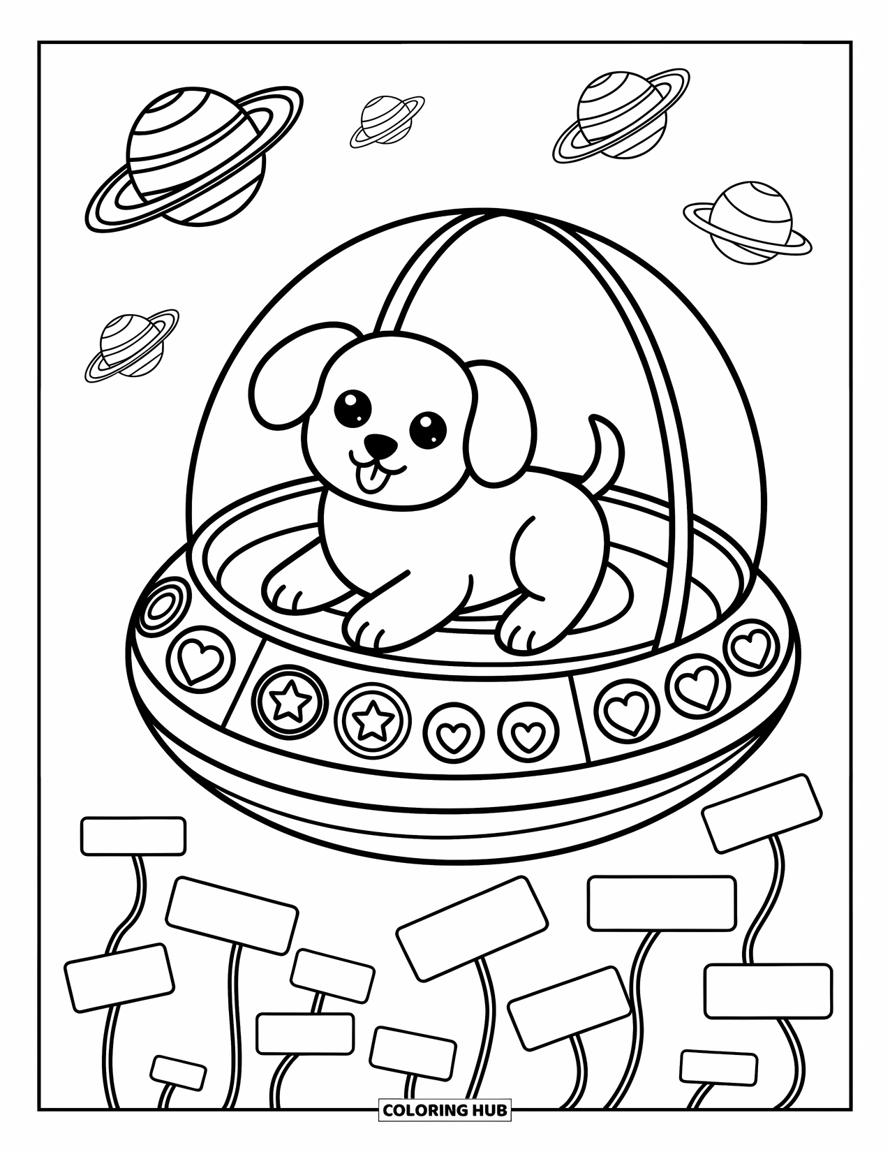 Outer Space Coloring Page for Adults: An observatory dog floats in a pod filled with playful buttons and charming little planets