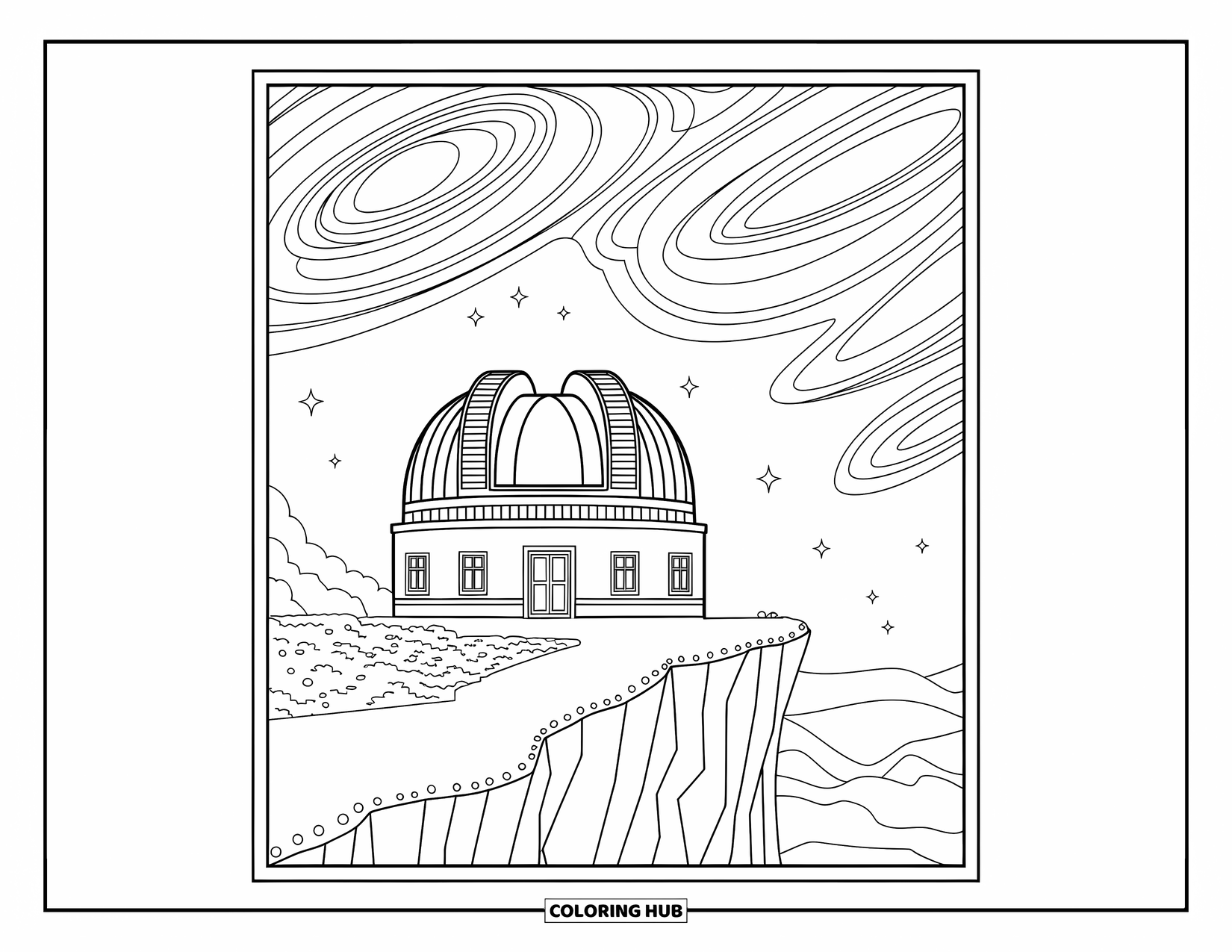 Outer Space Coloring Page for Adults: An observatory on a cliff beneath swirling galaxies and a sky full of stars