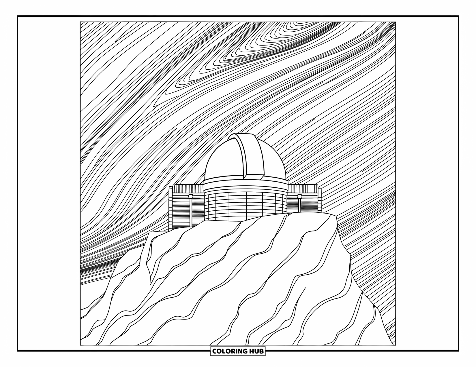Outer Space Coloring Page for Adults: An observatory on a cliff with swirling galaxies and elegant starry designs above