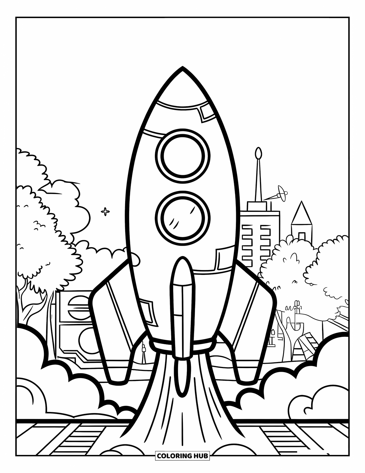 Outer Space Coloring Page for Kids: A big rocket with three windows lifts off from a launchpad with trees and buildings nearby