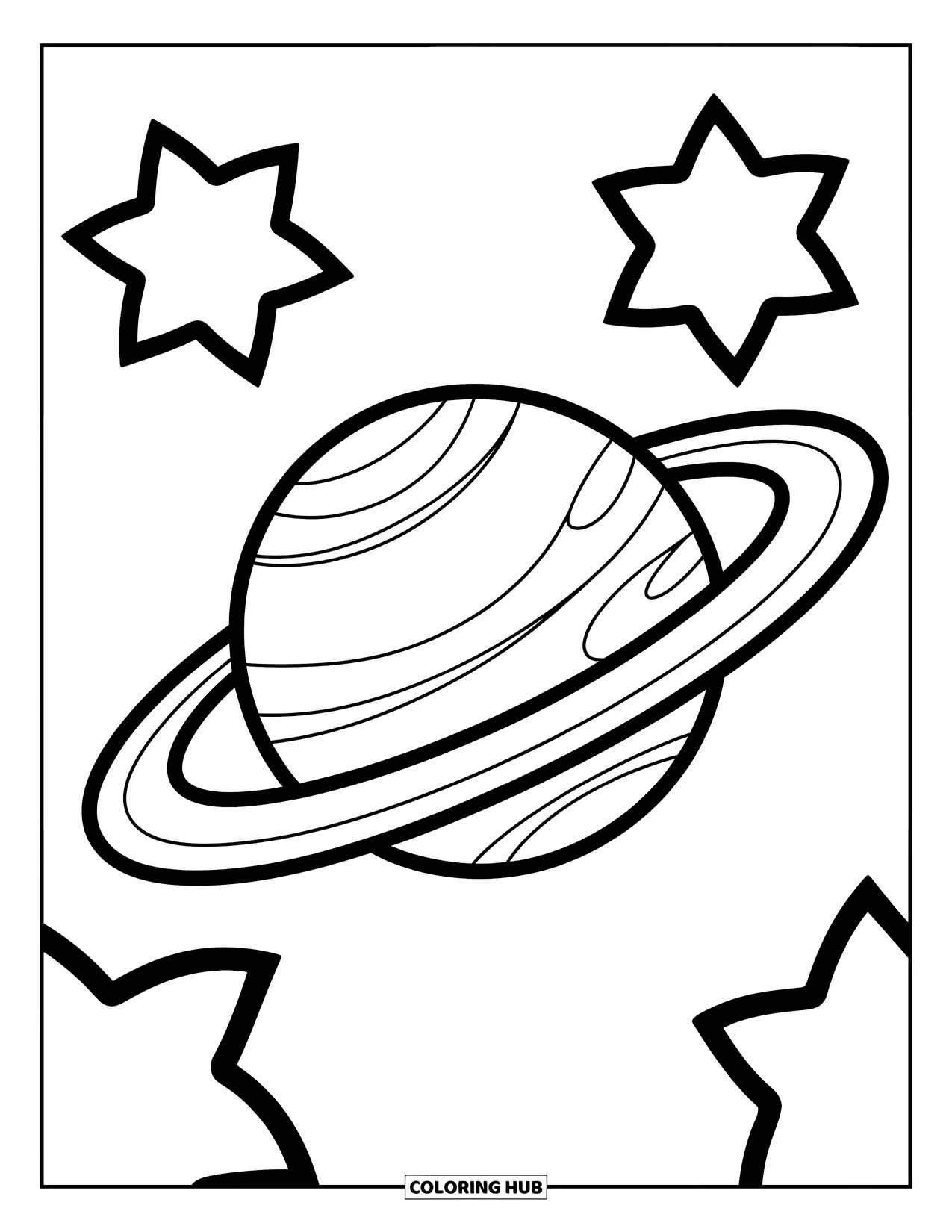 Outer Space Coloring Page for Kids: A bright planet with thick rings and large stars floats through space