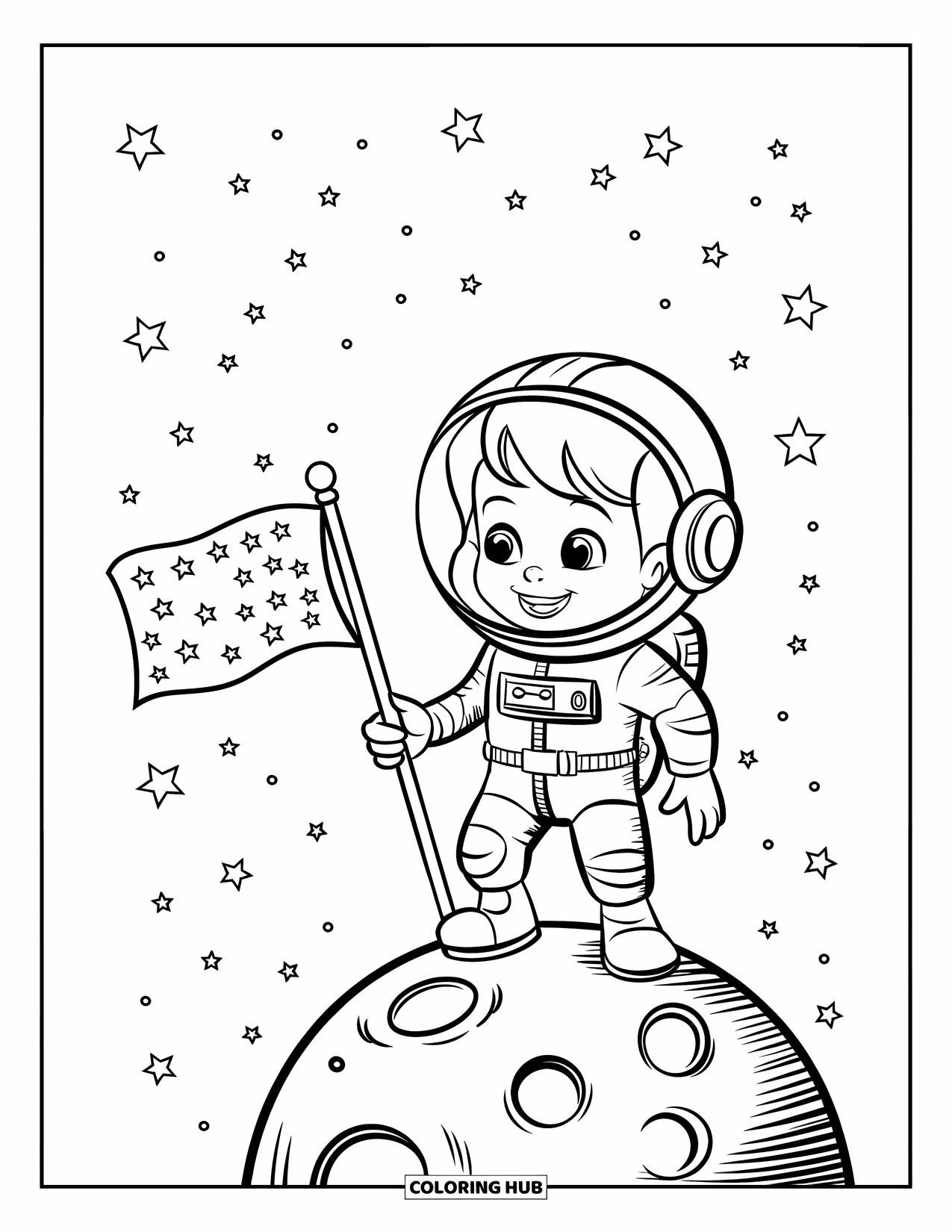 Outer Space Coloring Page for Kids: A cheerful child in a spacesuit stands on a cratered moon with a flag waving nearby