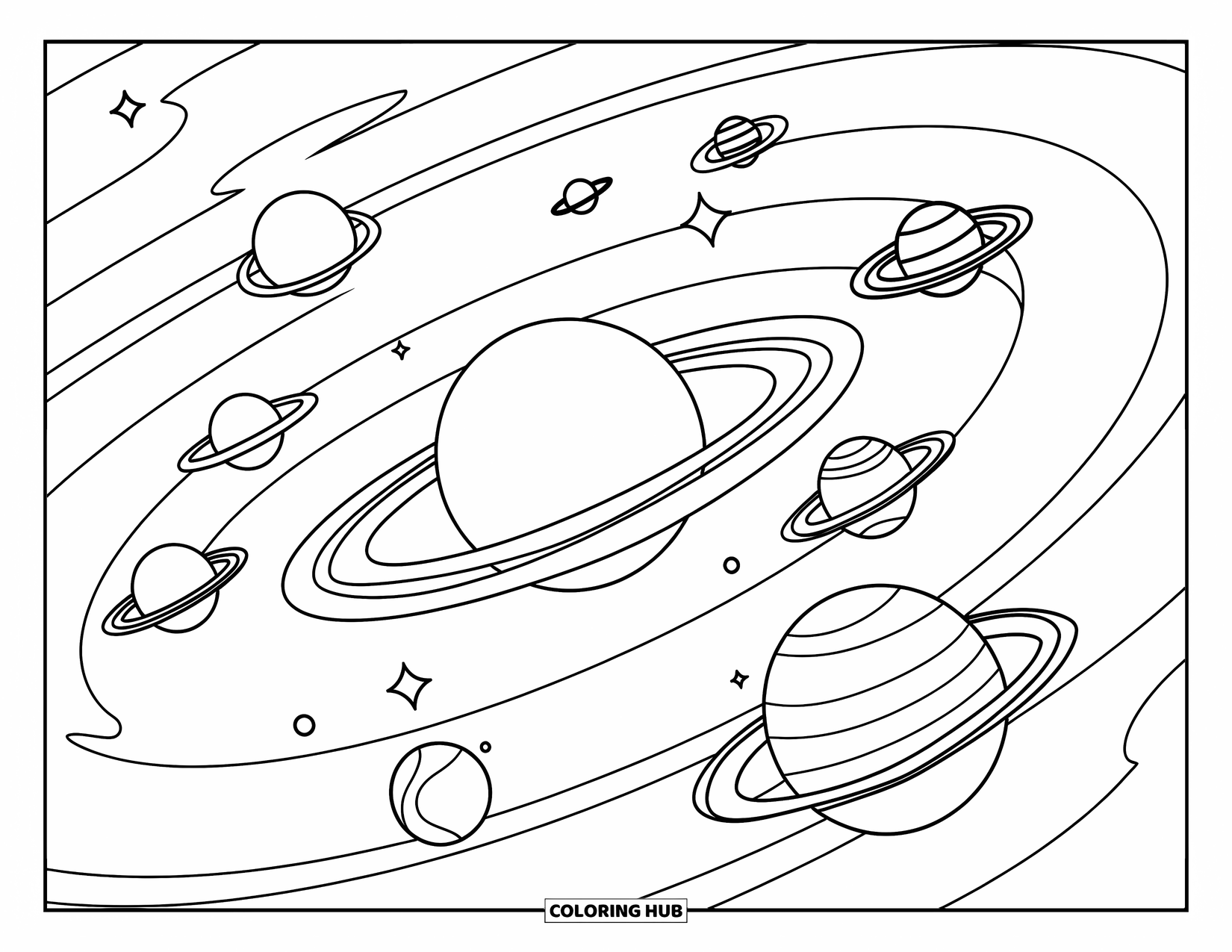 Outer Space Coloring Page for Kids: A circular solar system with eight planets, swirling rings, and a large central planet