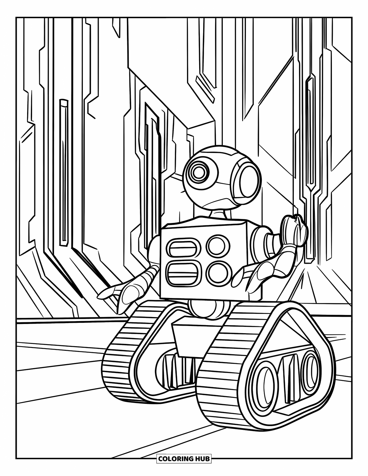 Outer Space Coloring Page for Kids: A curious robot rolls across a smooth alien city with towering, glowing structures