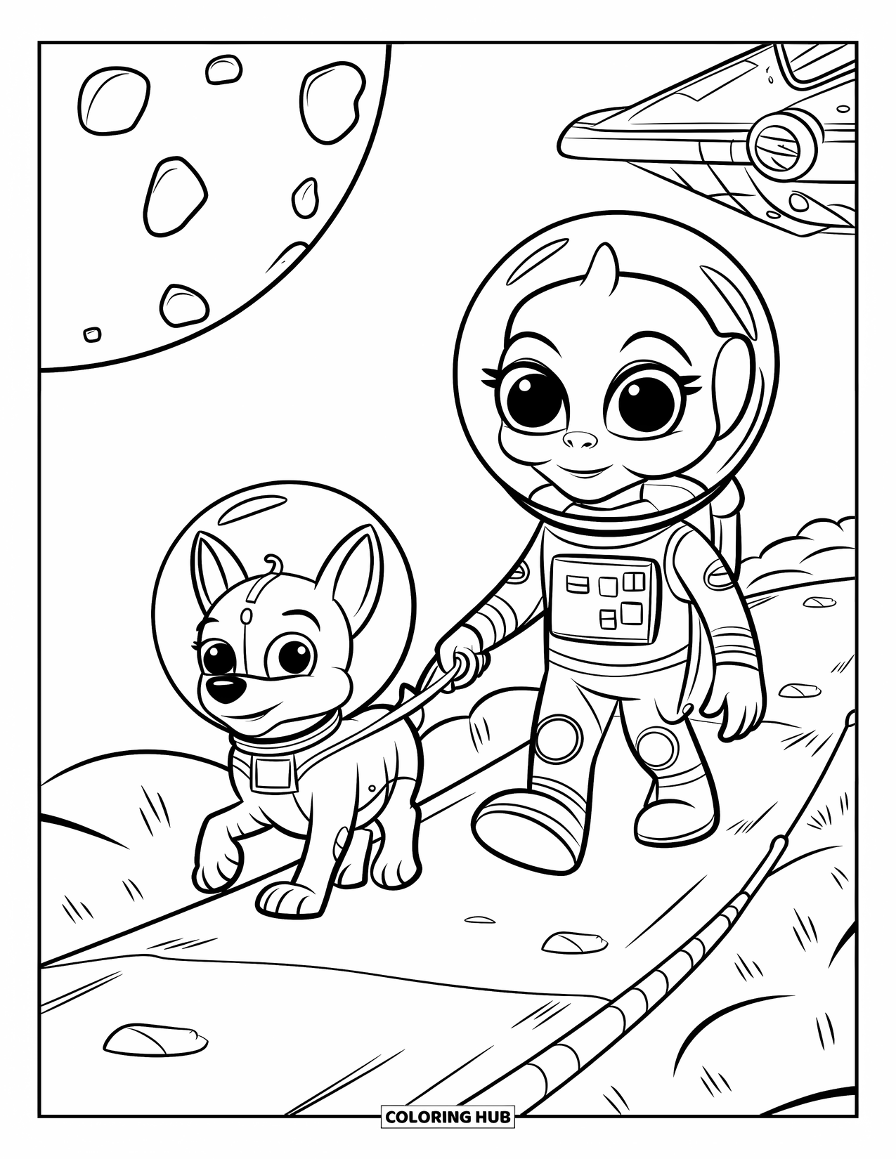 Outer Space Coloring Page for Kids: A cute alien in a spacesuit walks a space dog along a rocky path with craters