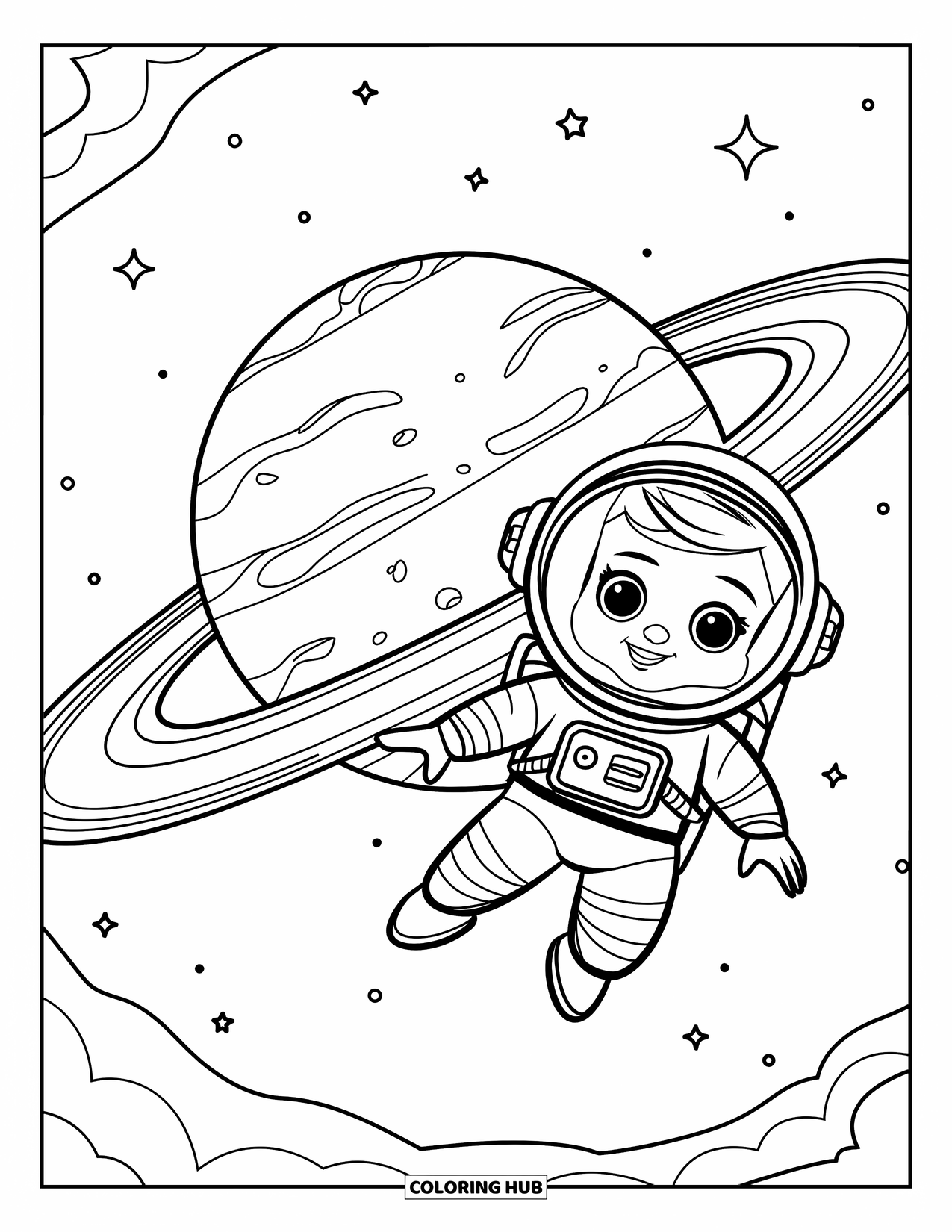 Outer Space Coloring Page for Kids: A cute astronaut floats near a big planet with rings under a sky full of stars