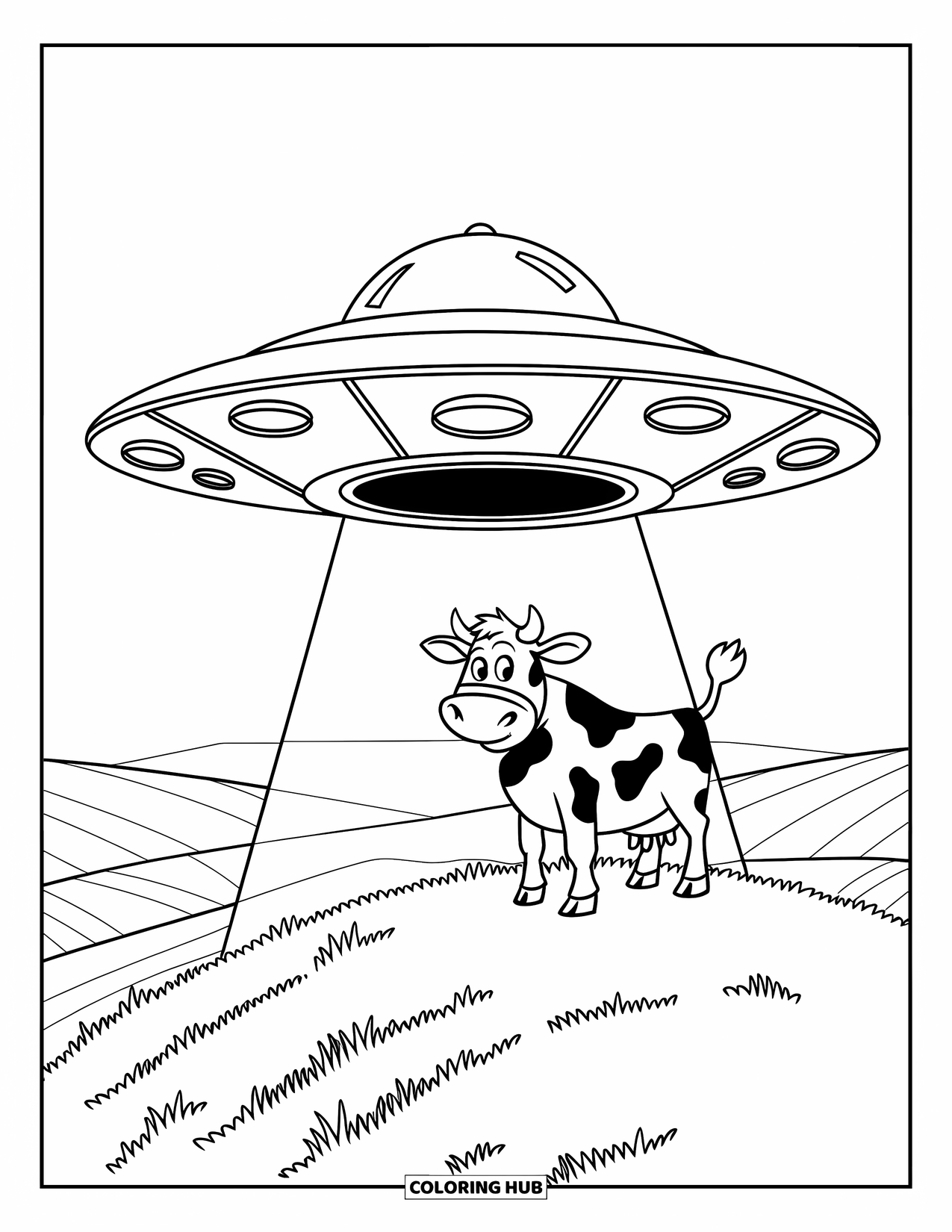 Outer Space Coloring Page for Kids: A flying saucer beams up a cow from a grassy hill under a clear, open sky