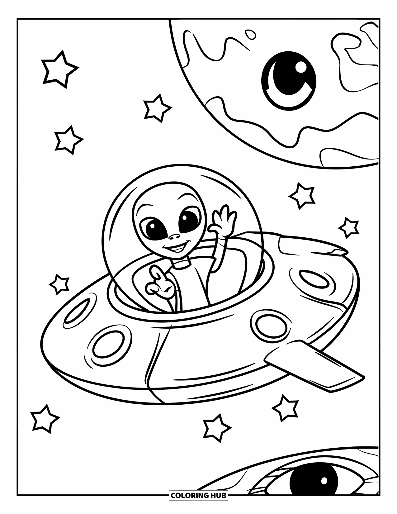 Outer Space Coloring Page for Kids: A friendly alien waves from a round spaceship hovering over a planet with a large eye