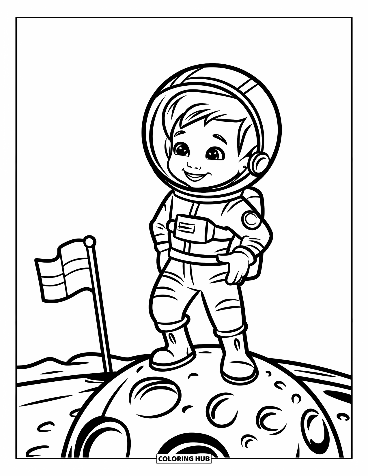 Outer Space Coloring Page for Kids: A happy child in a helmet stands beside a flag on a small rocky moon