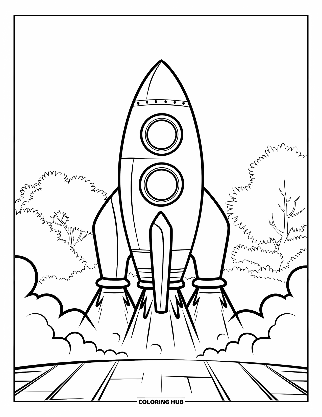 Outer Space Coloring Page for Kids: A large rocket ship stands on a launchpad with smoke rising and trees in the distance