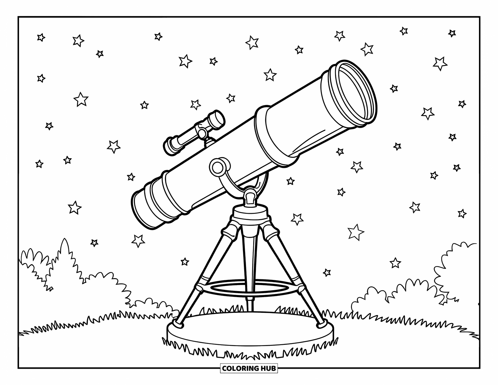 Outer Space Coloring Page for Kids: A large telescope points toward a sky filled with stars and distant trees