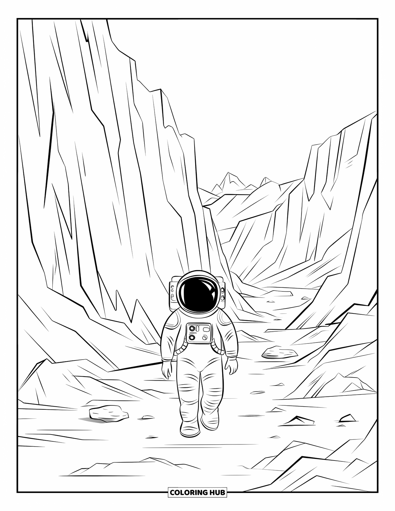 Outer Space Coloring Page for Kids: A lone astronaut journeys through a canyon with jagged cliffs and scattered boulders