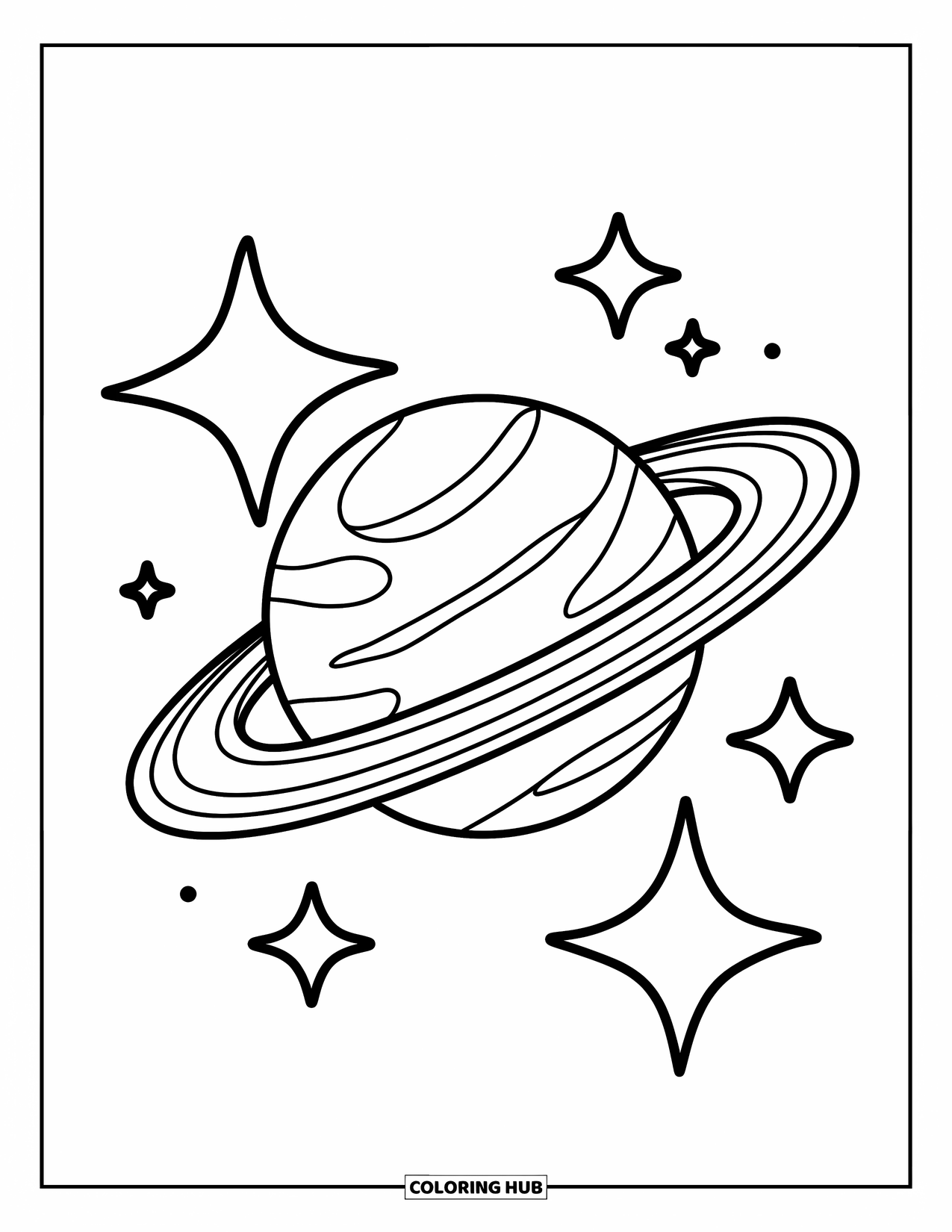 Outer Space Coloring Page for Kids: A planet with a thick ring and spaced-out stars drifts through a starry sky