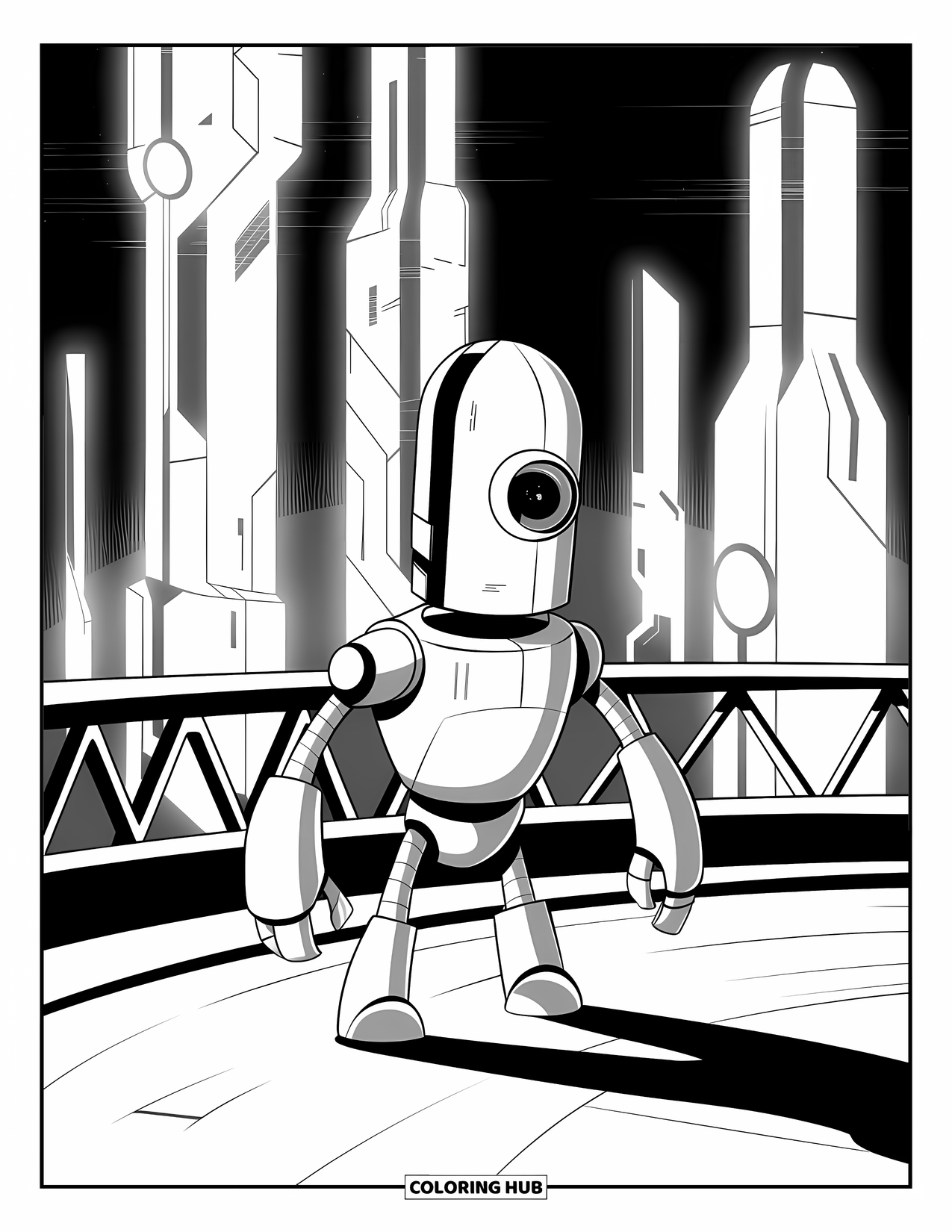 Outer Space Coloring Page for Kids: A robot with a round body explores an alien city filled with glowing towers