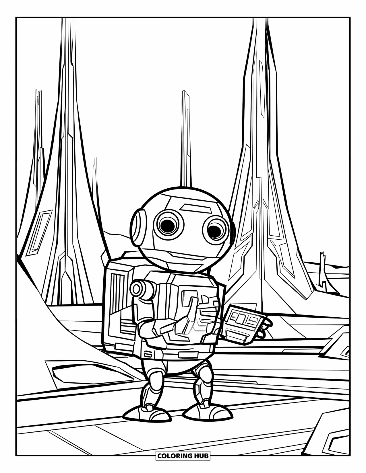 Outer Space Coloring Page for Kids: A robot with big eyes and a backpack explores a city of tall glowing towers