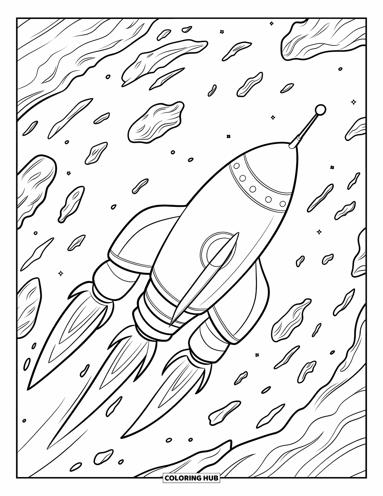 Outer Space Coloring Page for Kids: A rounded rocket with long engines zooms past many floating asteroids