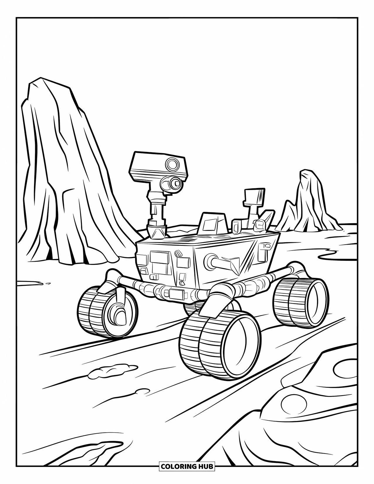Outer Space Coloring Page for Kids: A rover with a camera arm explores a rocky Martian landscape filled with odd formations