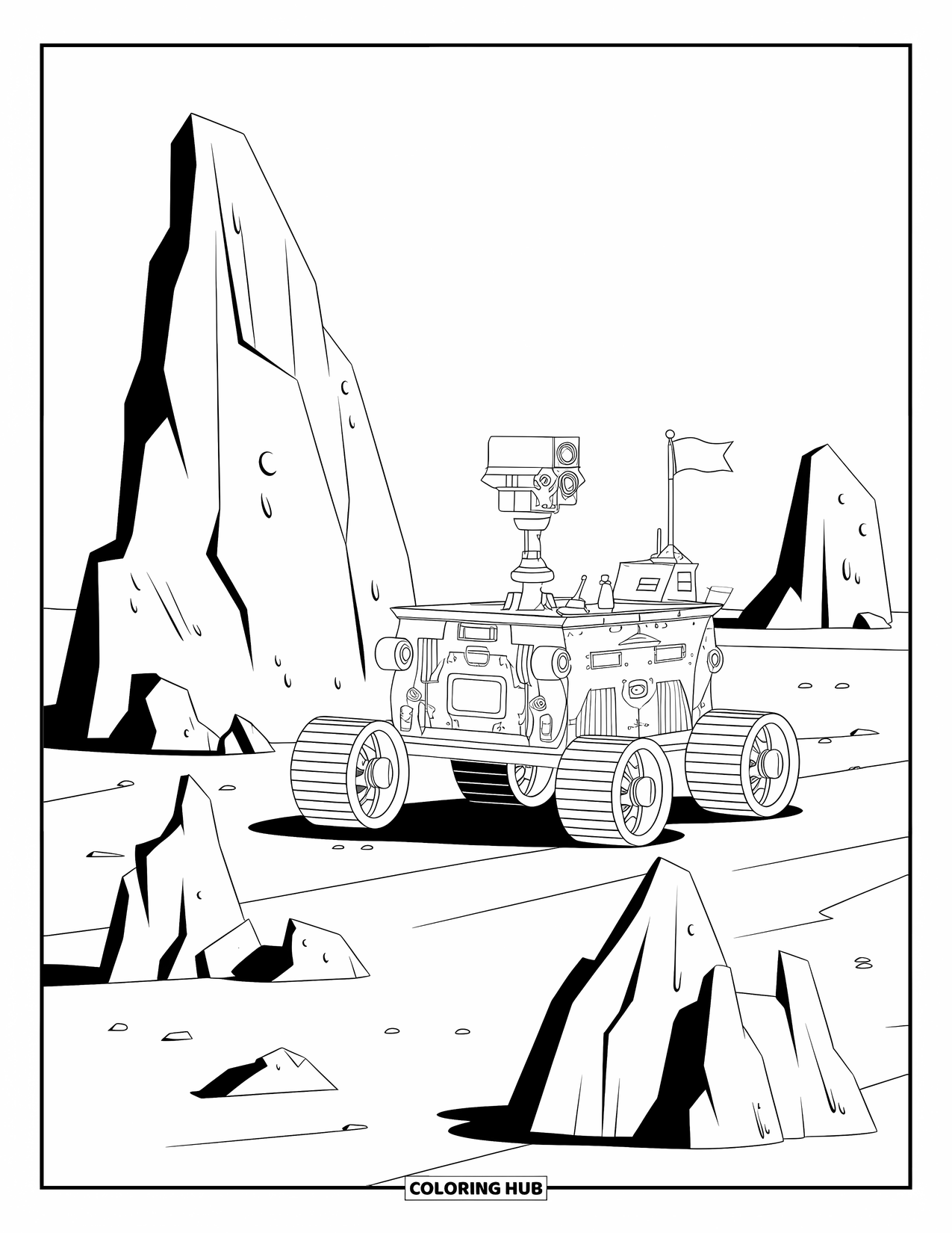Outer Space Coloring Page for Kids: A rover with long wheels drives past strange rocks on the dusty Martian surface