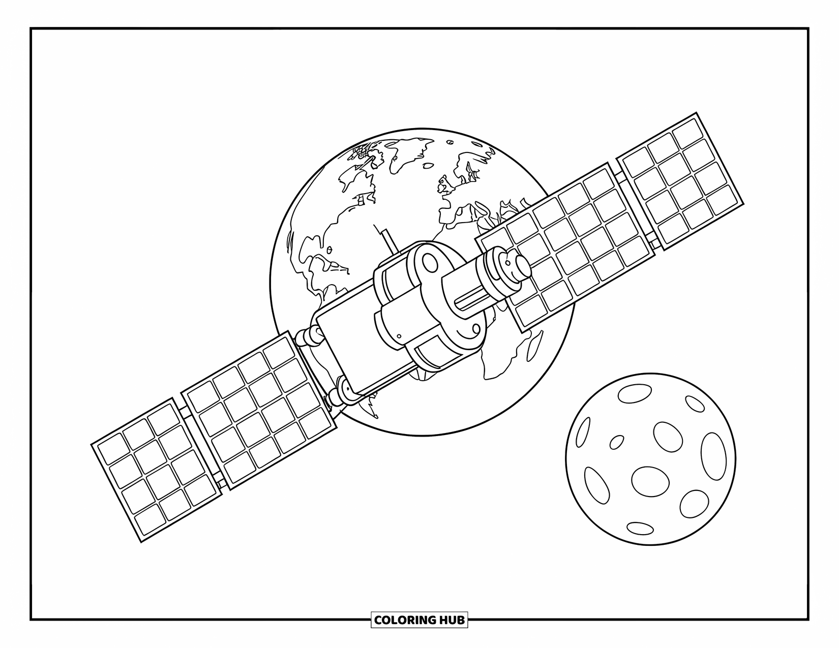 Outer Space Coloring Page for Kids: A satellite orbits Earth with the moon visible nearby in the open sky