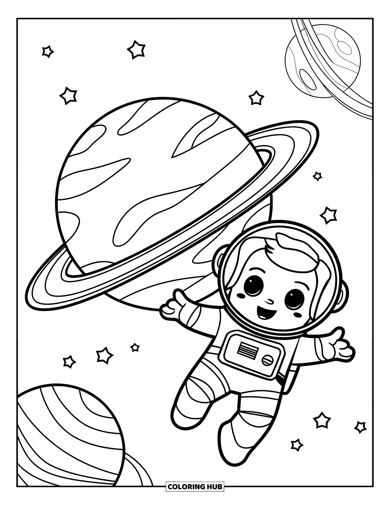 Outer Space Coloring Page for Kids: A small astronaut drifts near a planet with wide rings and a field of distant stars
