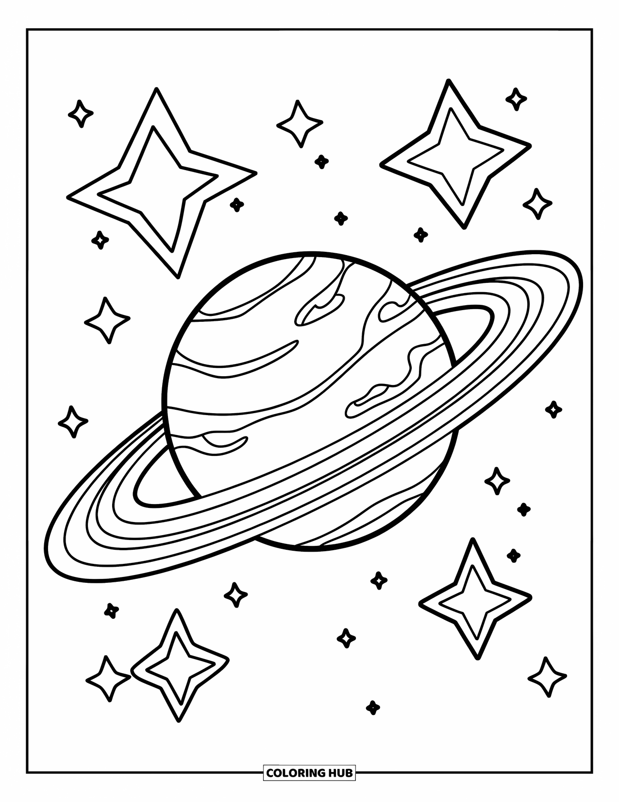 Outer Space Coloring Page for Kids: A smooth planet with wide rings drifts in space with scattered stars